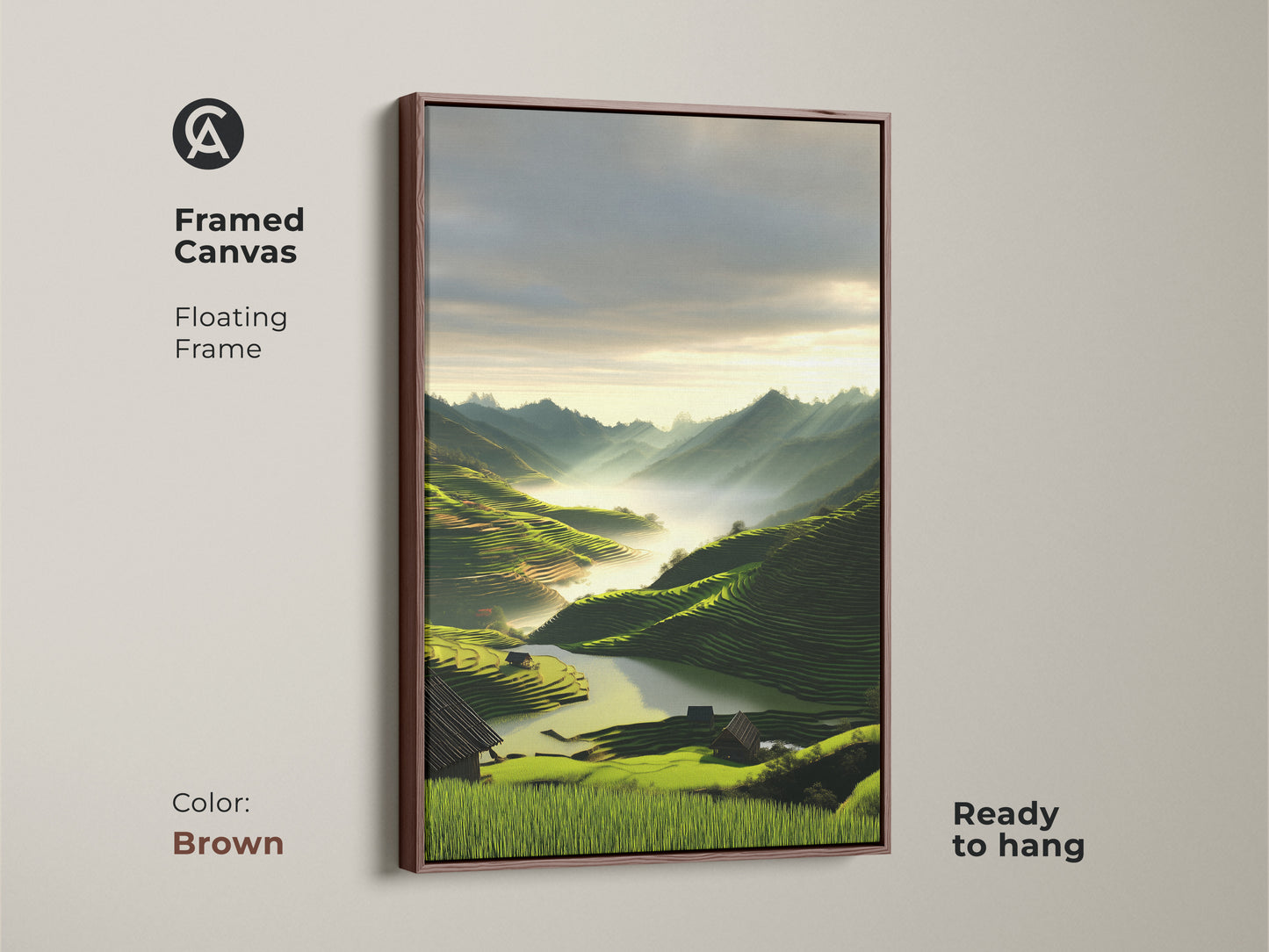 Brown framed canvas showcasing a scenic mountain landscape. This contemporary artwork features emerald green terraced fields. Perfect as bedroom wall art landscape. This nature inspired decor enhances bohemian style wall art. The art print is ready to hang.