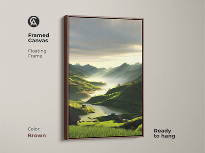 Brown framed canvas showcasing a scenic mountain landscape. This contemporary artwork features emerald green terraced fields. Perfect as bedroom wall art landscape. This nature inspired decor enhances bohemian style wall art. The art print is ready to hang.
