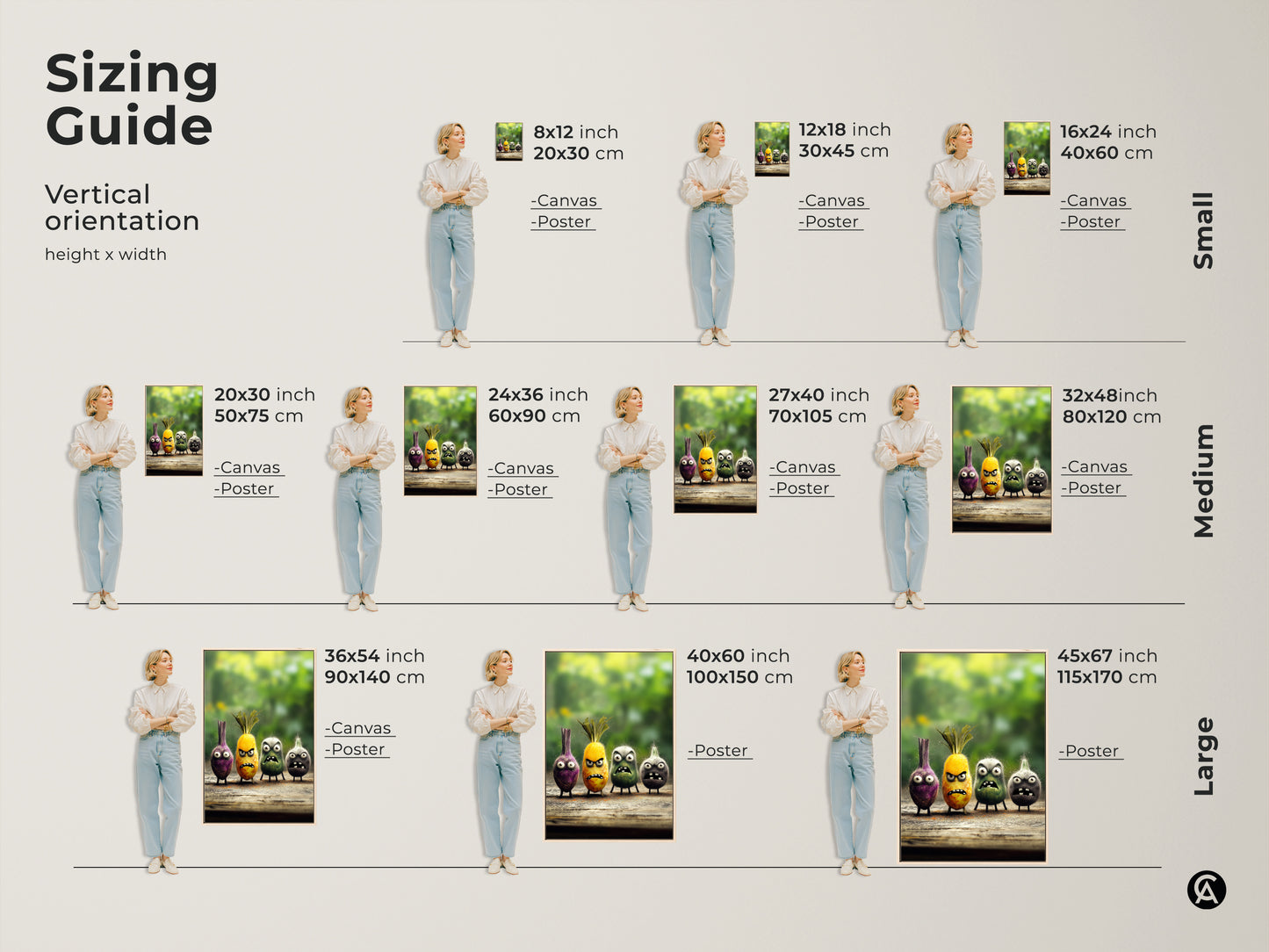 Sizing guide for vertical quirky food character canvas and poster art. Choose from 8x12 to 45x67 inches. Funny onion pineapple art makes any space pop. Cartoon kitchen art is a unique foodie gift.