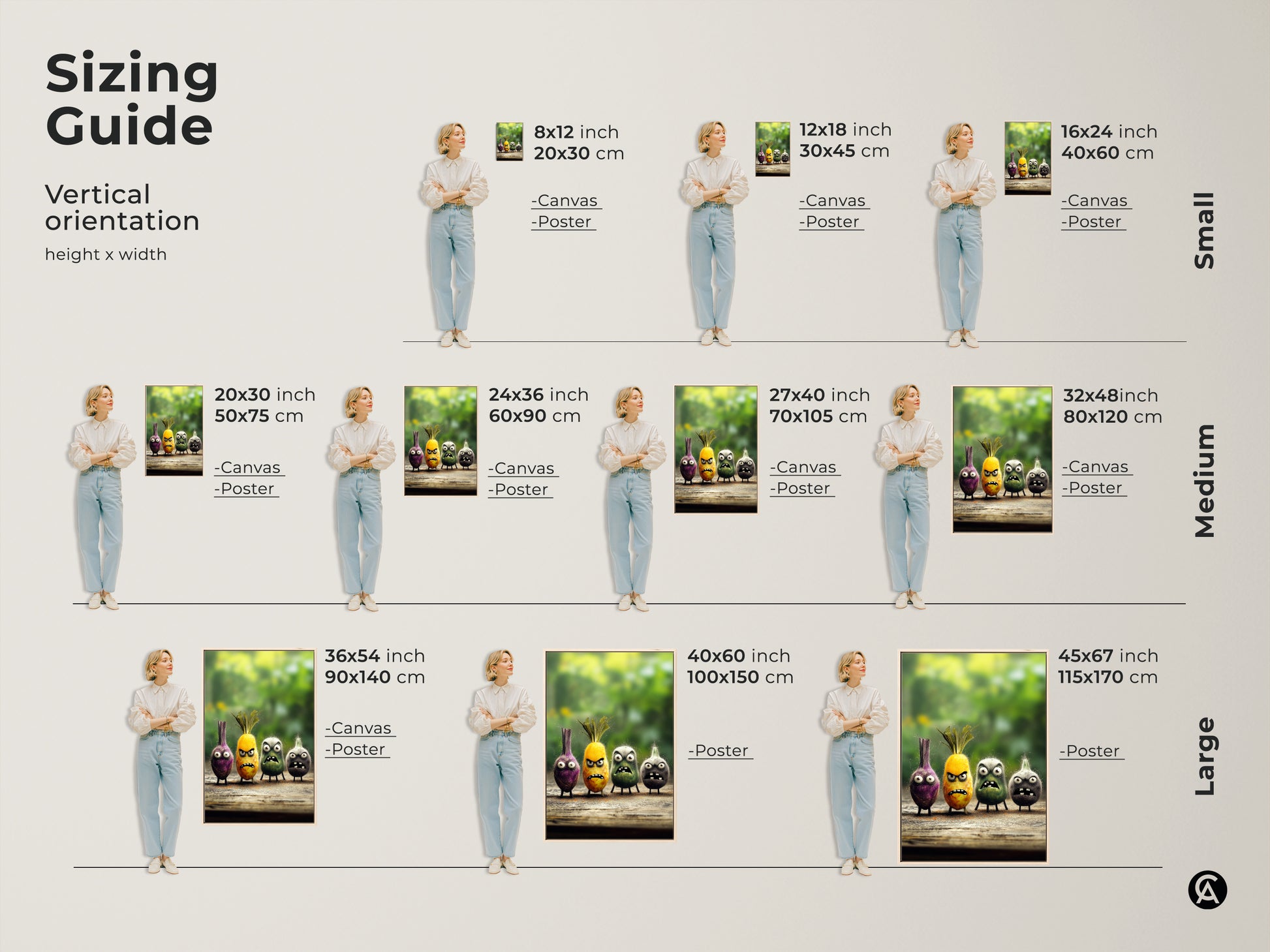 Sizing guide for vertical quirky food character canvas and poster art. Choose from 8x12 to 45x67 inches. Funny onion pineapple art makes any space pop. Cartoon kitchen art is a unique foodie gift.