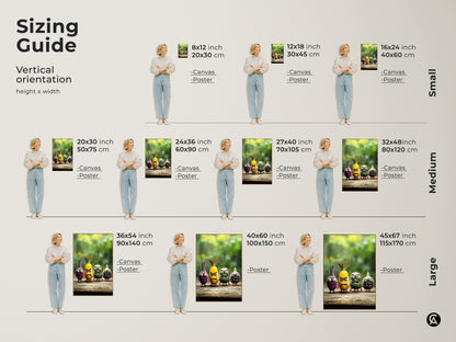 Sizing guide for vertical quirky food character canvas and poster art. Choose from 8x12 to 45x67 inches. Funny onion pineapple art makes any space pop. Cartoon kitchen art is a unique foodie gift.
