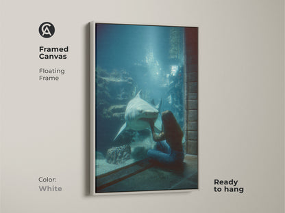 Framed Canvas Oceanic Encounter art with floating white frame. The blue green underwater scene features a woman and shark. Ready to hang marine life decor. Contemporary animal lover wall art. Unique underwater scene print. Perfect gift for scuba divers. Coastal home decor with deep sea creature.