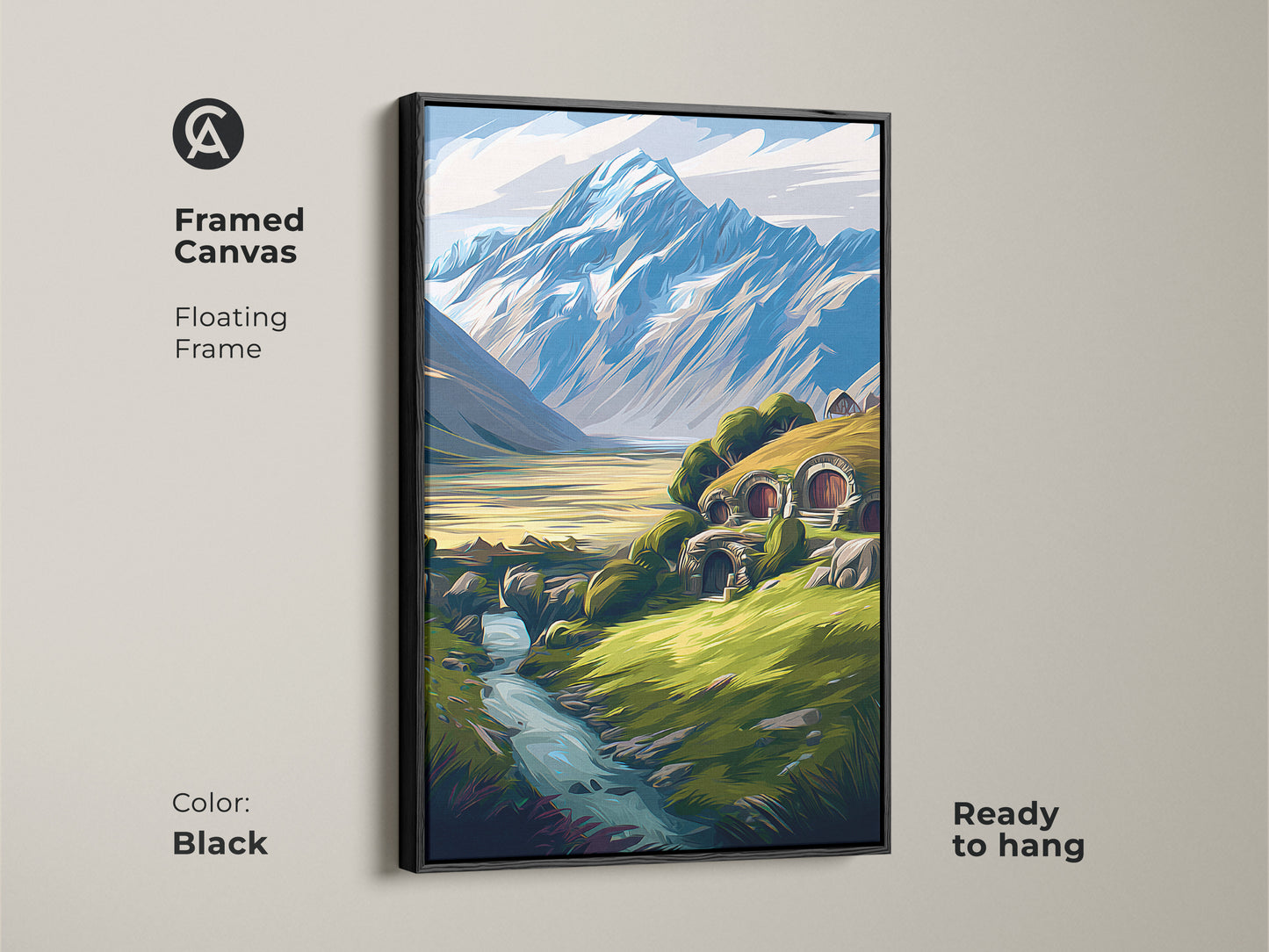 Framed canvas art of a fantasy hobbit hole landscape with a floating black frame. The mountain and river scene is ready to hang. This wall art is perfect for eclectic decor.