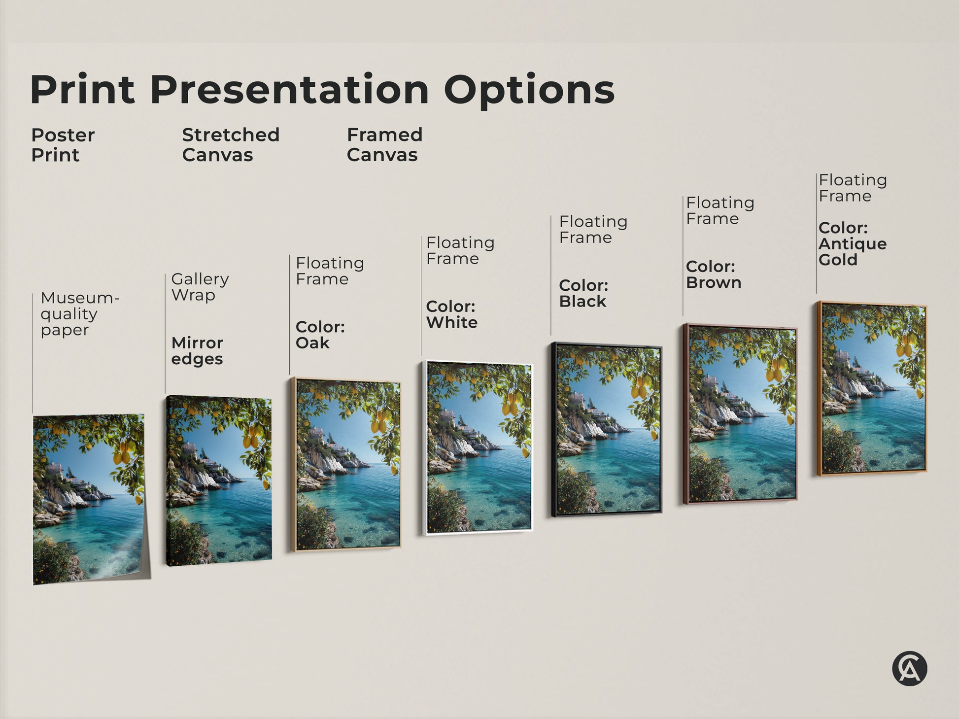 Print presentation options for Mediterranean villa artwork. Choose from poster print stretched canvas or framed canvas. Features lemon trees and turquoise ocean coastal art. Museum-quality paper.