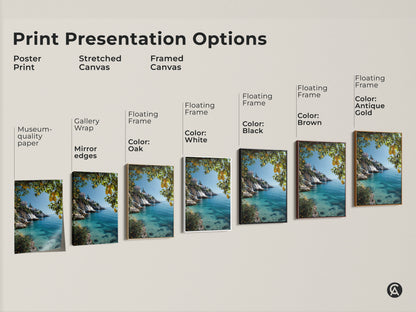 Print presentation options for Mediterranean villa artwork. Choose from poster print stretched canvas or framed canvas. Features lemon trees and turquoise ocean coastal art. Museum-quality paper.
