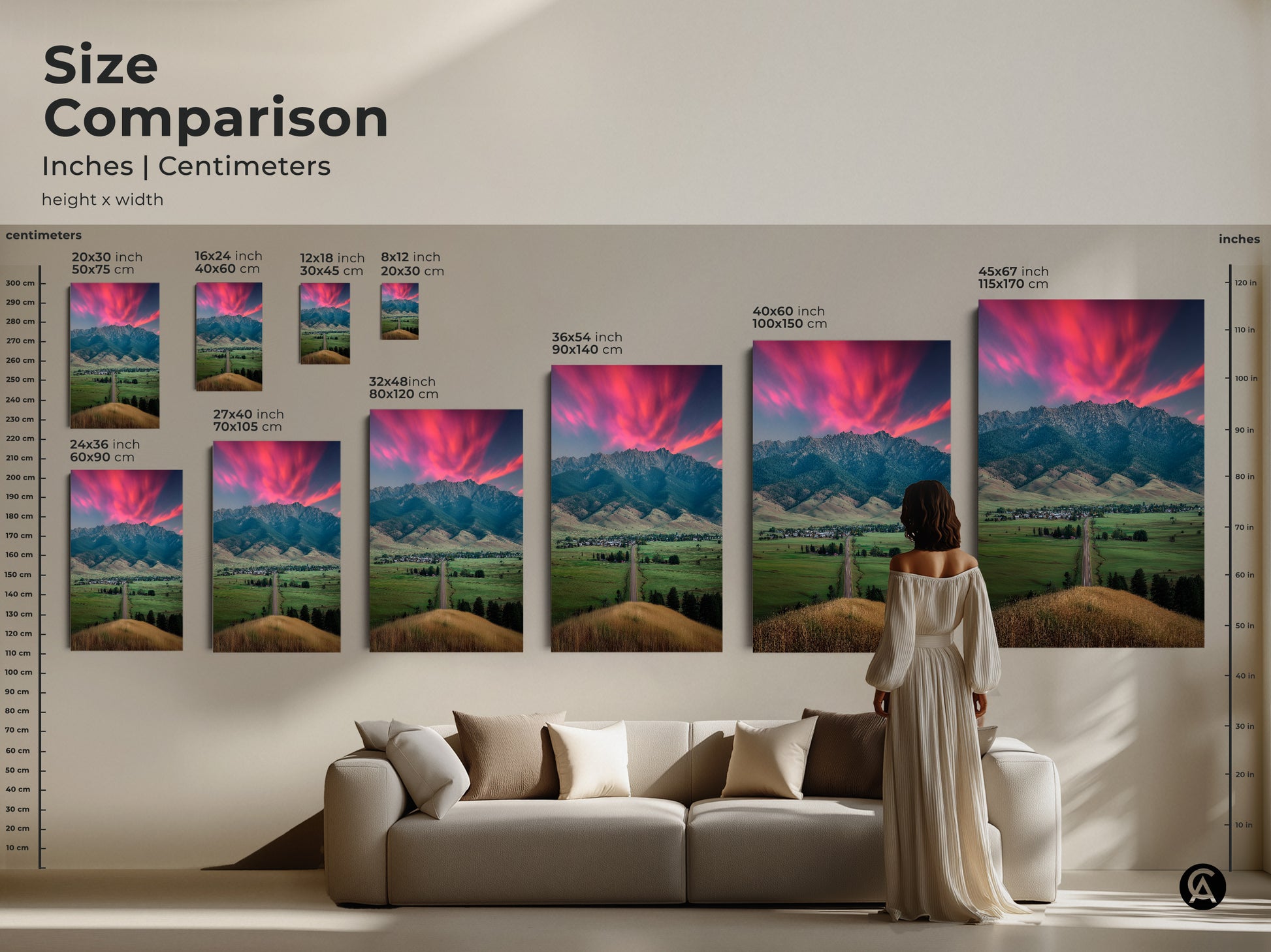 Size comparison featuring pink sunset mountain artwork in various sizes. Art ranges from small to extra large and fits above any sofa. The photography landscape print complements modern farmhouse decor. Ideal as a housewarming gift for outdoor lovers. Adds scenic charm to any room.