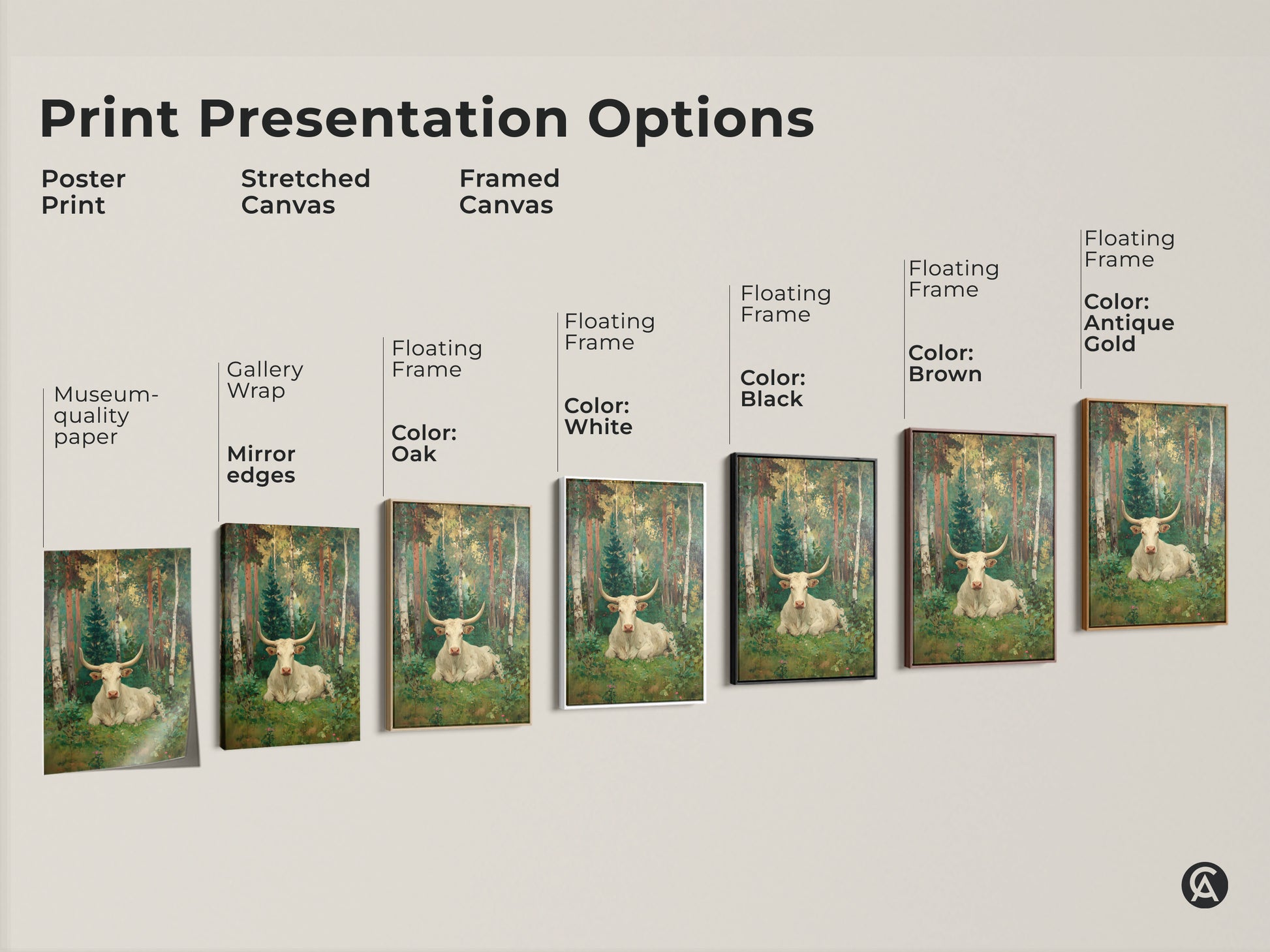 Explore print presentation options for the white longhorn bull forest art. Choose from poster prints stretched canvas or framed canvas in various colors. Find the perfect style to complement your decor.