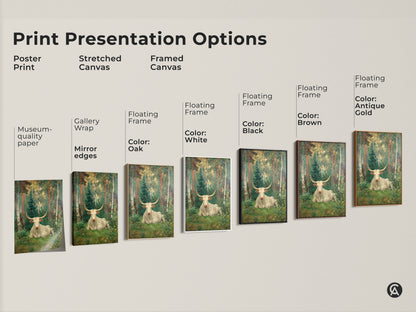 Explore print presentation options for the white longhorn bull forest art. Choose from poster prints stretched canvas or framed canvas in various colors. Find the perfect style to complement your decor.