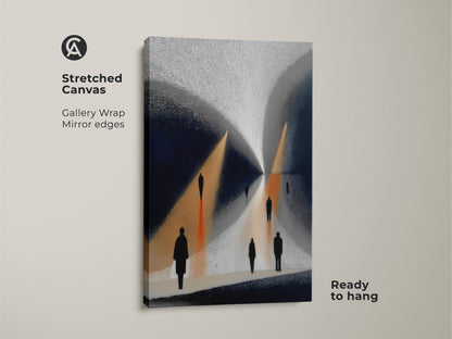 Stretched Canvas of Gold Navy Abstract Artwork ready to hang. Contemporary figures are featured in a minimalist silhouette art print. The surreal path scene adds a touch of sophistication. Navy blue gold art is perfect as housewarming gift art for modern interiors.
