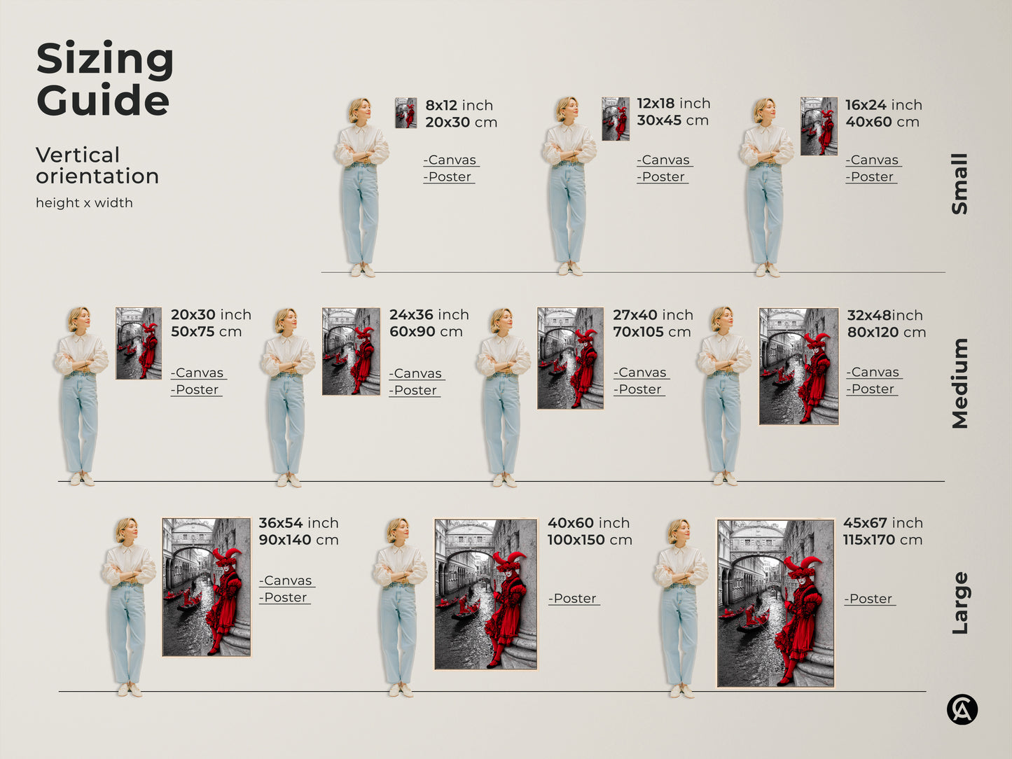 Explore the vertical orientation sizing guide for Venice Carnival art prints. See examples with women standing next to the art at various sizes. It is available in canvas and poster print options. View small medium and large sizes for this crimson red masked figure and gondola artwork.