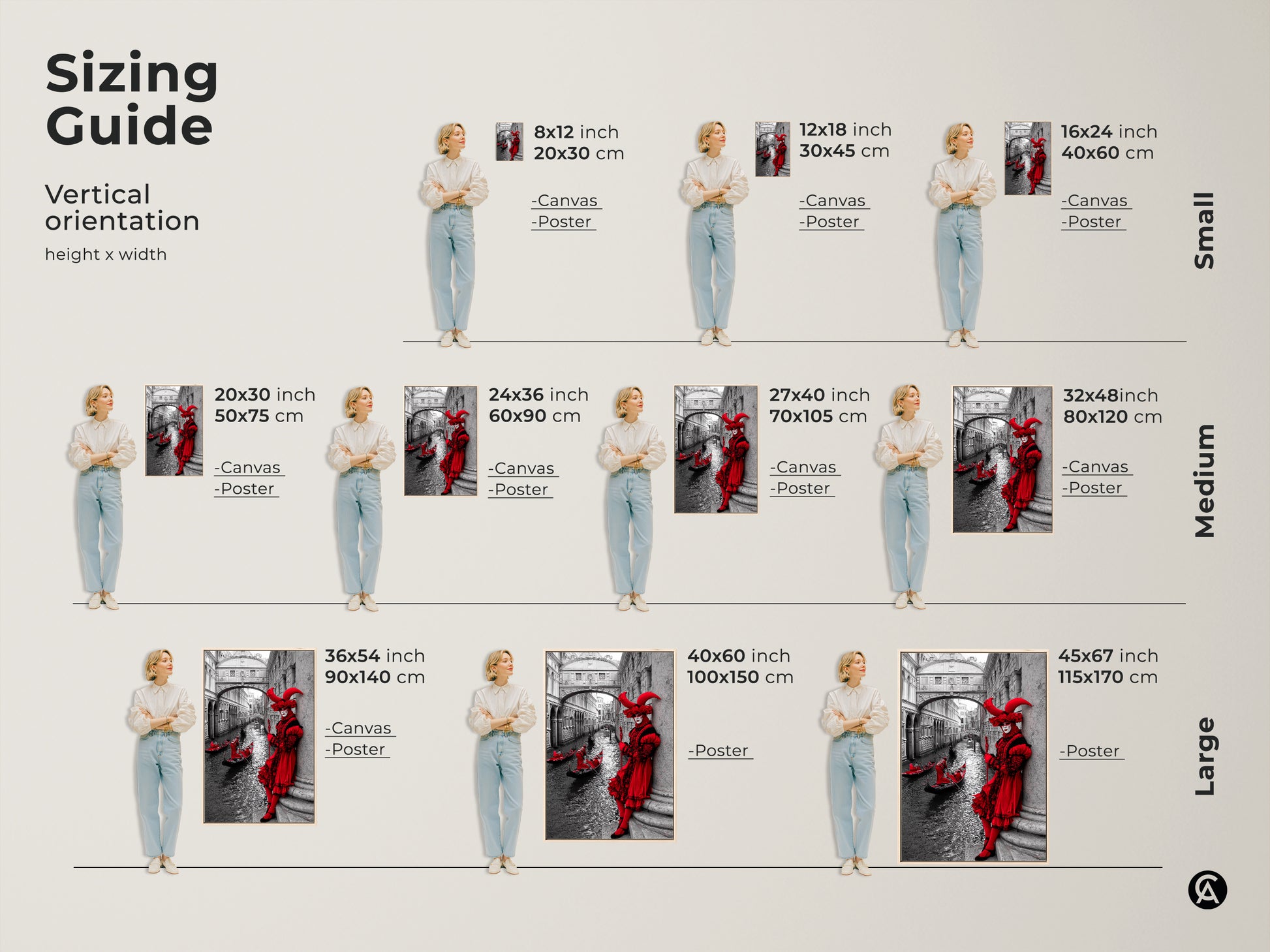 Explore the vertical orientation sizing guide for Venice Carnival art prints. See examples with women standing next to the art at various sizes. It is available in canvas and poster print options. View small medium and large sizes for this crimson red masked figure and gondola artwork.