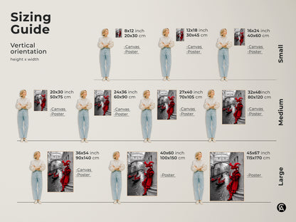 Explore the vertical orientation sizing guide for Venice Carnival art prints. See examples with women standing next to the art at various sizes. It is available in canvas and poster print options. View small medium and large sizes for this crimson red masked figure and gondola artwork.
