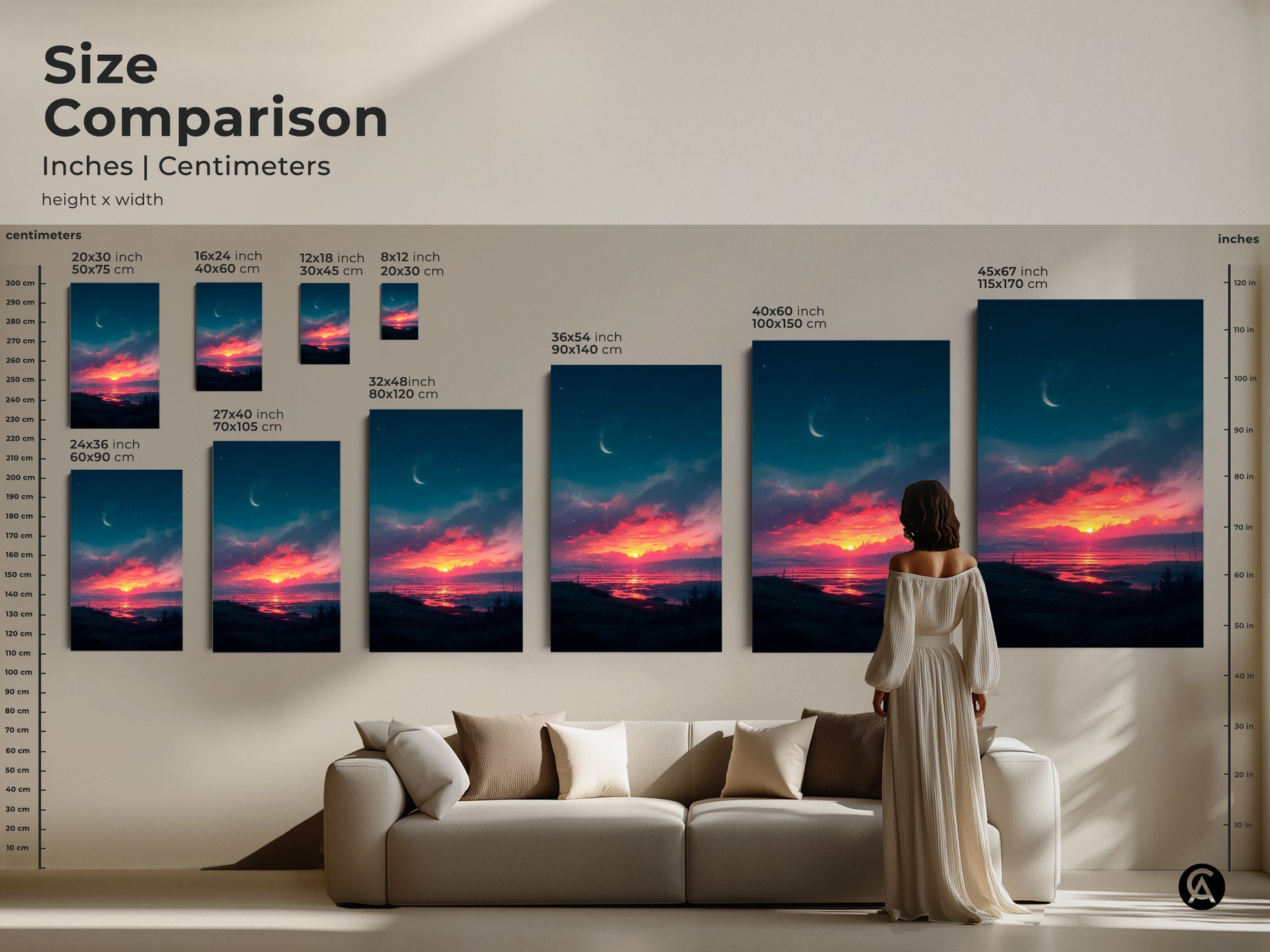 Compare sizes of our sunset artwork. See how each size transforms your space. From small to large our art fits any room. Visualize the impact of this serene landscape. Elevate your home decor with the perfect piece.