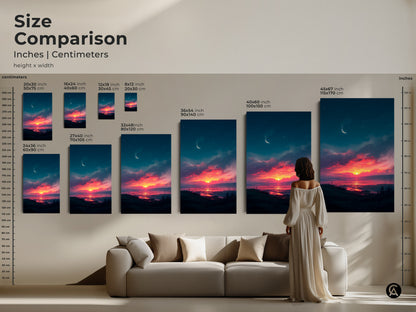 Compare sizes of our sunset artwork. See how each size transforms your space. From small to large our art fits any room. Visualize the impact of this serene landscape. Elevate your home decor with the perfect piece.