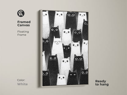 White framed canvas displaying minimalist cat artwork. A black and white feline print for modern homes. Ready to hang art for cat enthusiasts. A unique gift idea.