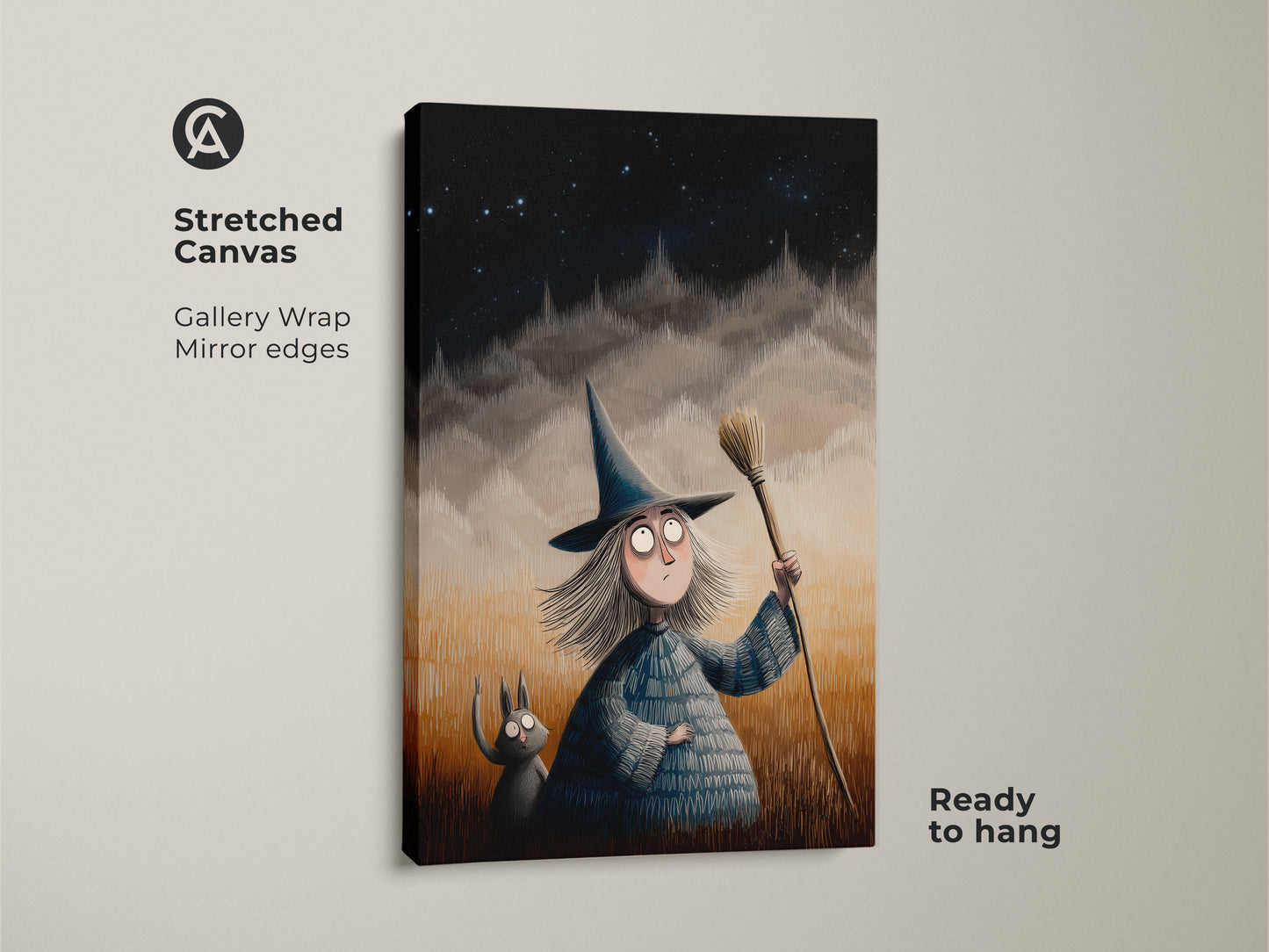 Stretched canvas featuring cartoon witch and cat wall art. Gallery wrapped with mirrored edges the Halloween themed decor is ready to hang. Ideal fantasy art for kids room. Night sky art print adds spooky charm.