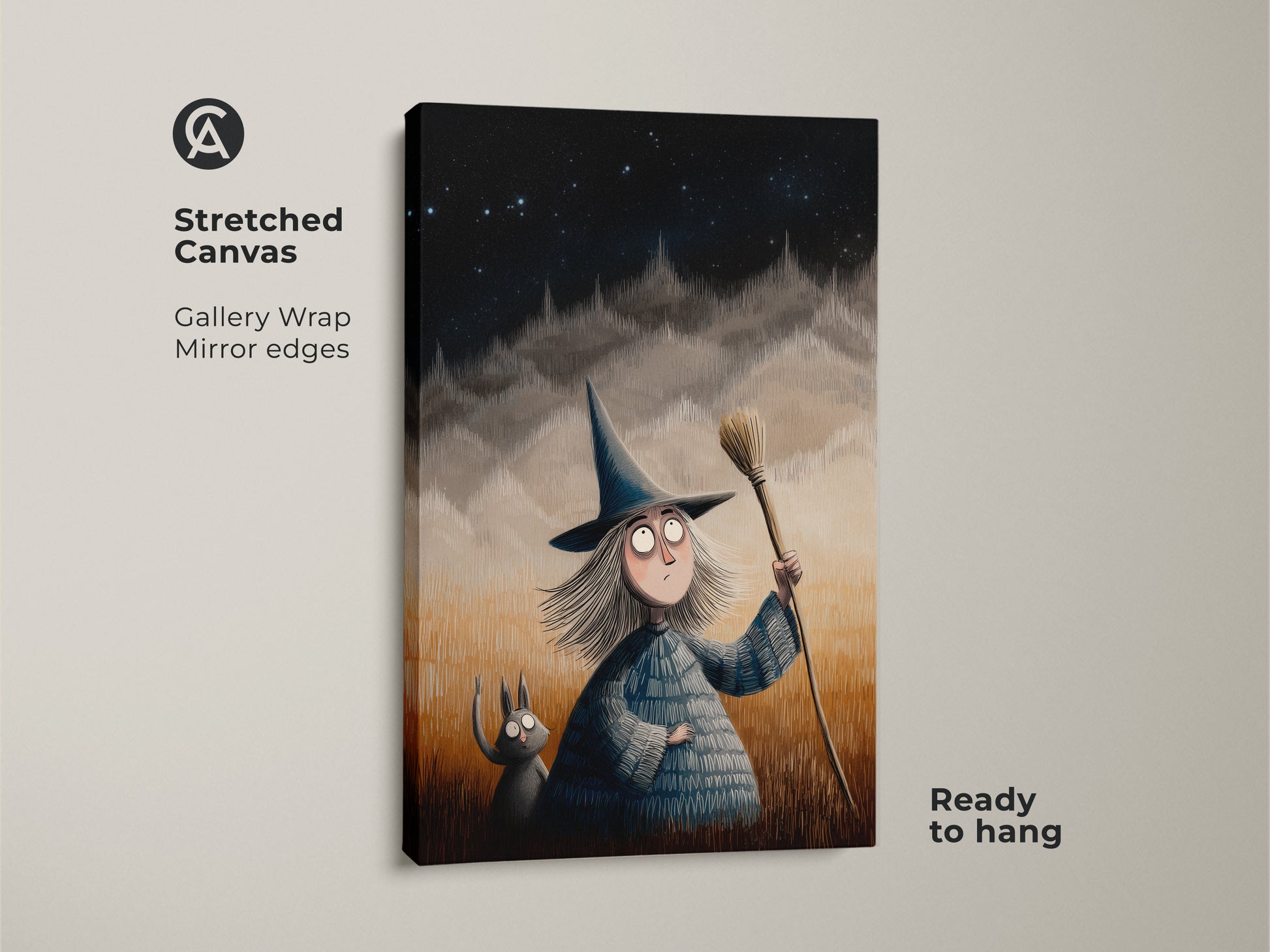Stretched canvas featuring cartoon witch and cat wall art. Gallery wrapped with mirrored edges the Halloween themed decor is ready to hang. Ideal fantasy art for kids room. Night sky art print adds spooky charm.