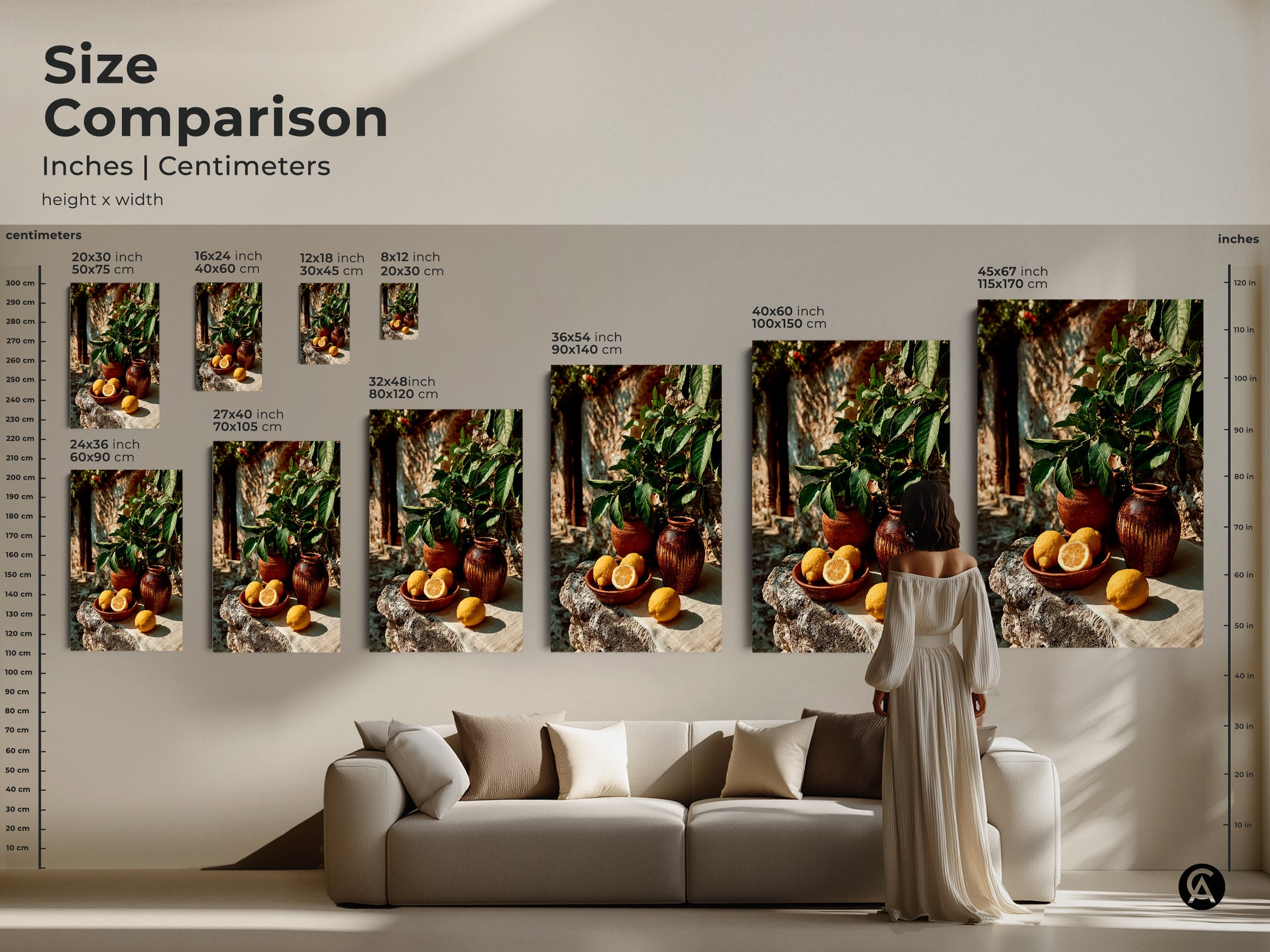 A farmhouse style kitchen wall art piece. This botanical print features lemons and terracotta vases. The rustic Mediterranean artwork uses yellow and green colors. Enhance your home decor with this art.