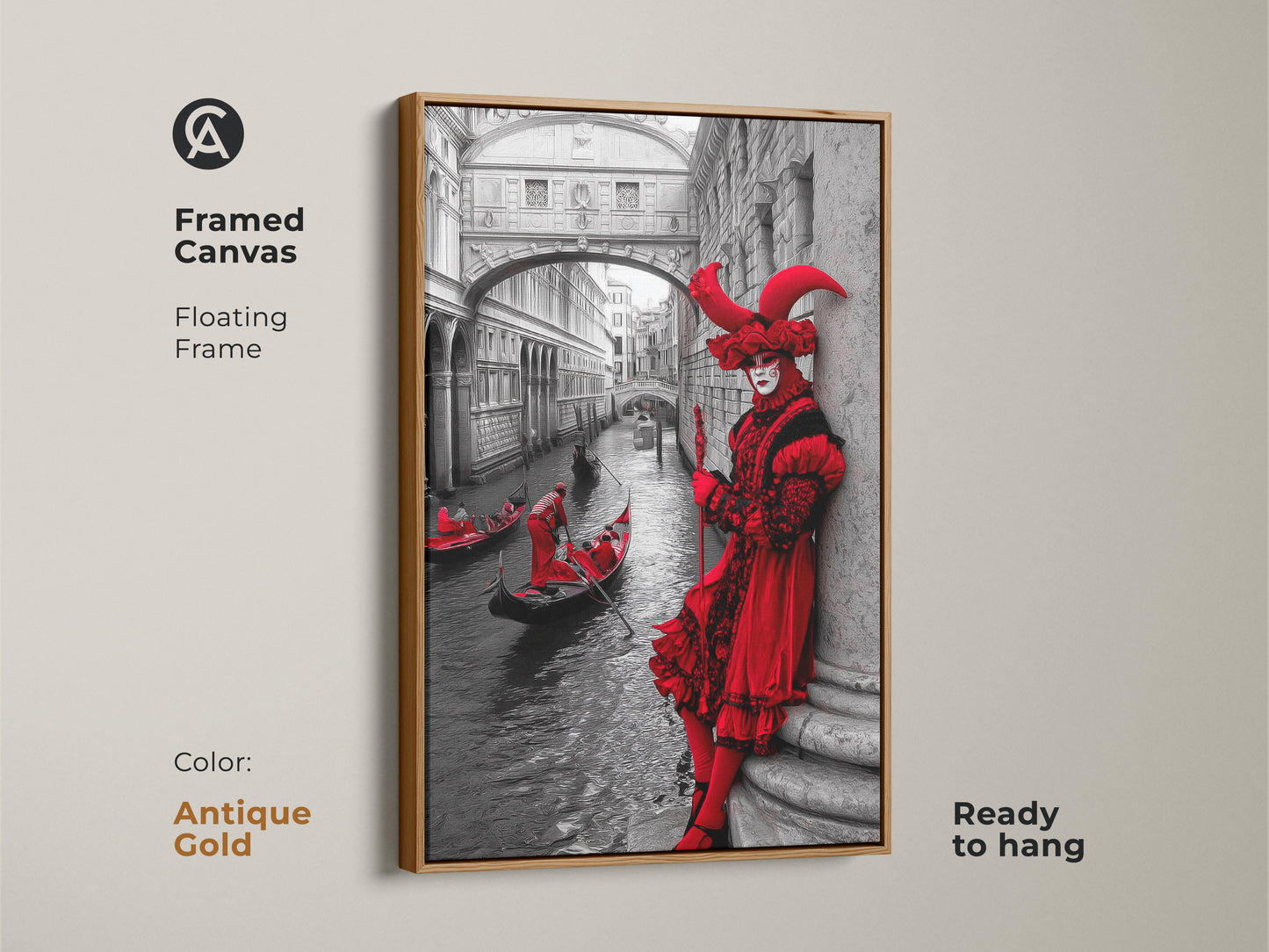 Transform your home with a framed canvas Venice Carnival artwork. A crimson red masked figure with a gondola on an antique gold floating frame. The black & white Venice architecture poster offers an eclectic look. Ready to hang making it an ideal gift for Carnival Season.