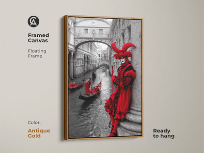 Transform your home with a framed canvas Venice Carnival artwork. A crimson red masked figure with a gondola on an antique gold floating frame. The black & white Venice architecture poster offers an eclectic look. Ready to hang making it an ideal gift for Carnival Season.