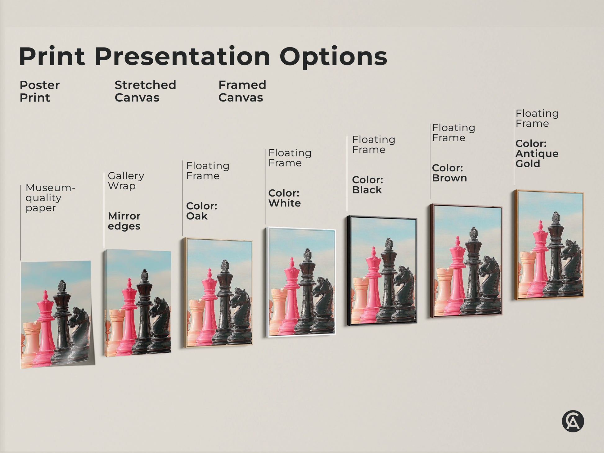 Explore print presentation options for modern chess artwork. Options include poster print stretched canvas and framed canvas in colors like white black brown and antique gold. Find the perfect style to showcase your pink King and Queen strategy art.