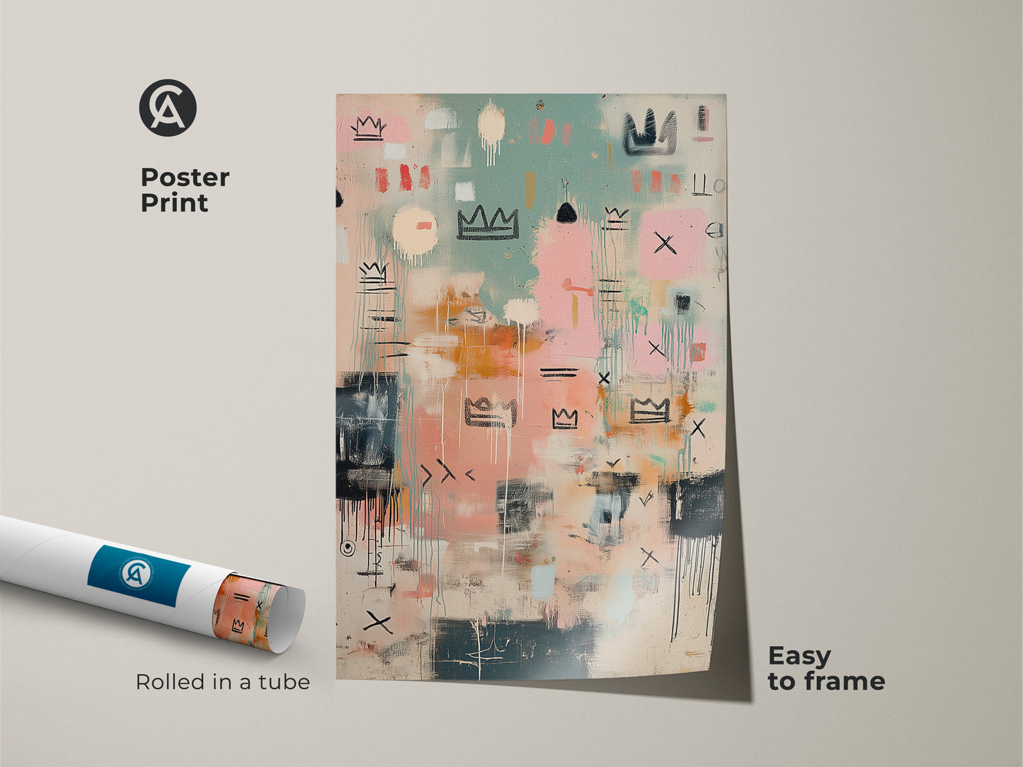 Poster print of abstract artwork with crown art. This museum-quality paper print is easy to frame. The artwork's unique style adds a modern touch to any room. Rolled in a tube for protection during shipping.