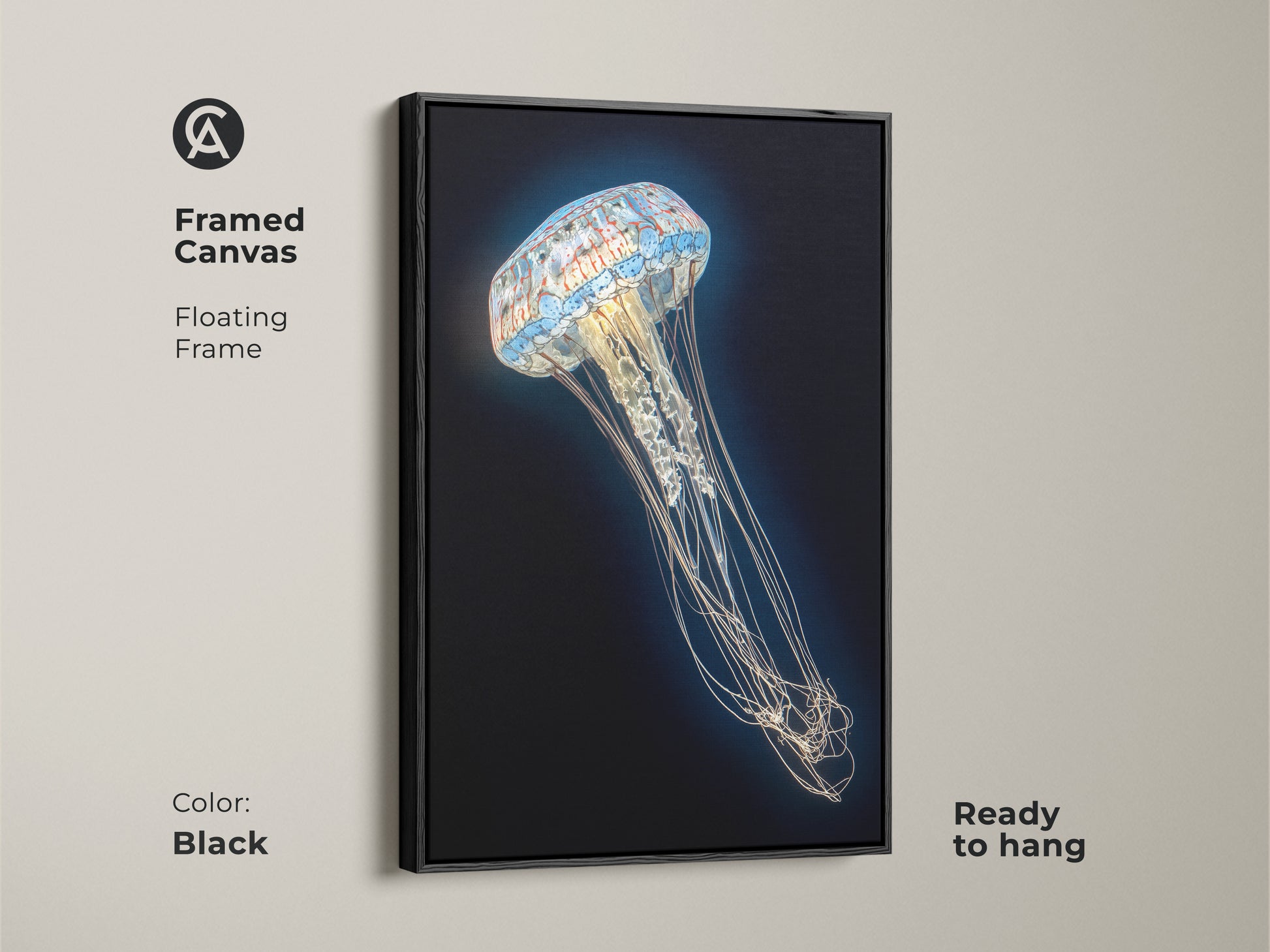Framed canvas of a Contemporary Jellyfish Print in a black floating frame. This abstract ocean life canvas highlights the beauty of aqua tentacles. Ready to hang this surreal marine biology artwork enhances any space.