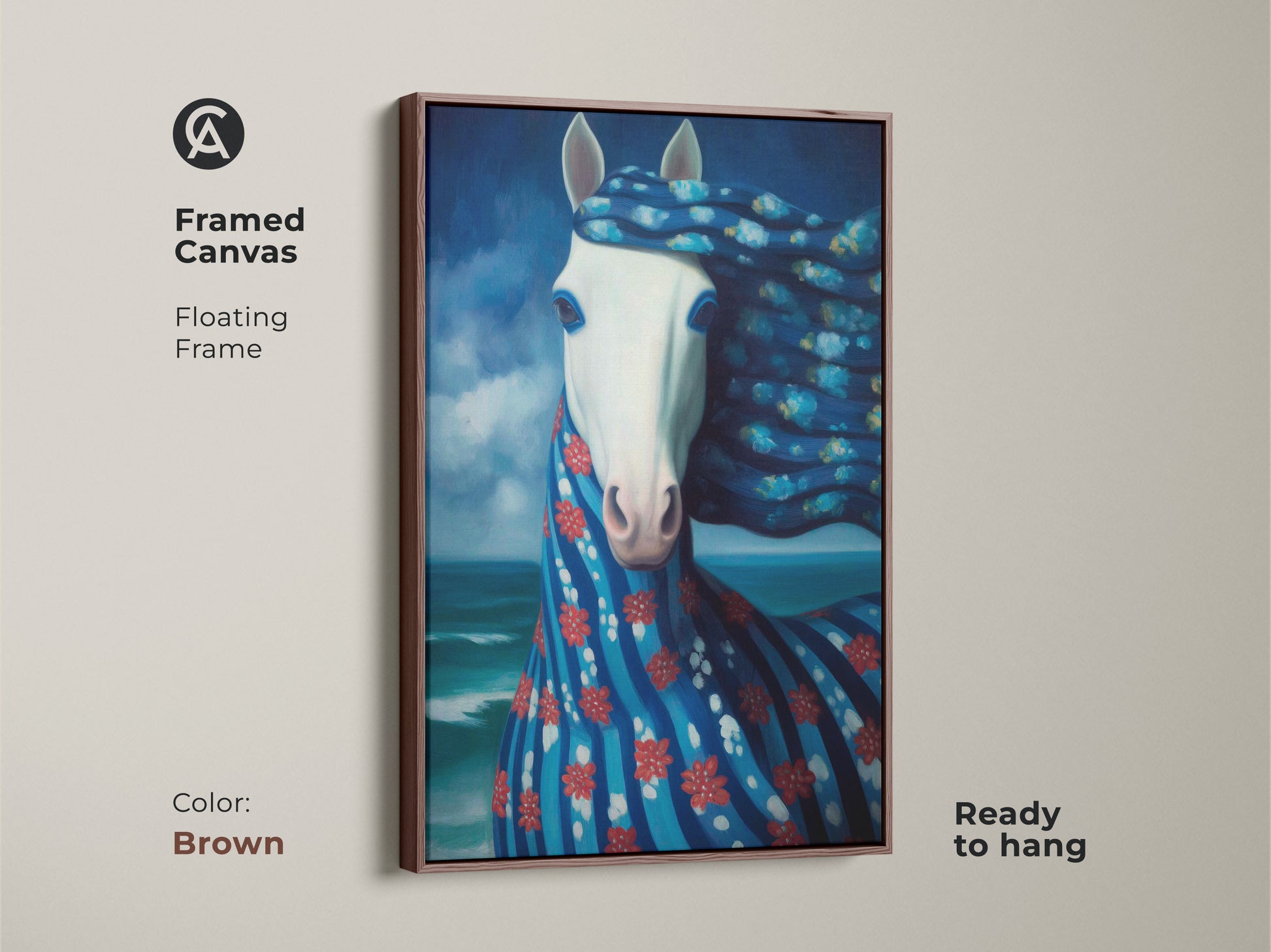 A framed canvas with a brown floating frame displays a surreal horse art print. This ocean horse art print is ready to hang. The deep blue animal artwork is a thoughtful gift for horse lovers and admirers of imaginative artwork.