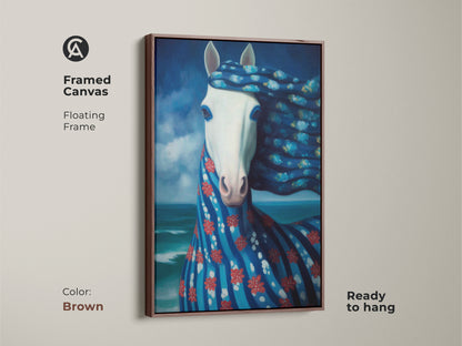 A framed canvas with a brown floating frame displays a surreal horse art print. This ocean horse art print is ready to hang. The deep blue animal artwork is a thoughtful gift for horse lovers and admirers of imaginative artwork.