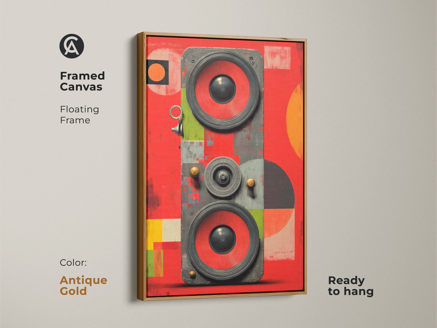 This antique gold framed canvas highlights retro speaker artwork with a floating frame. This abstract geometric sound waves adds to eclectic decor. It is ready to hang and offers a unique music themed office gift.