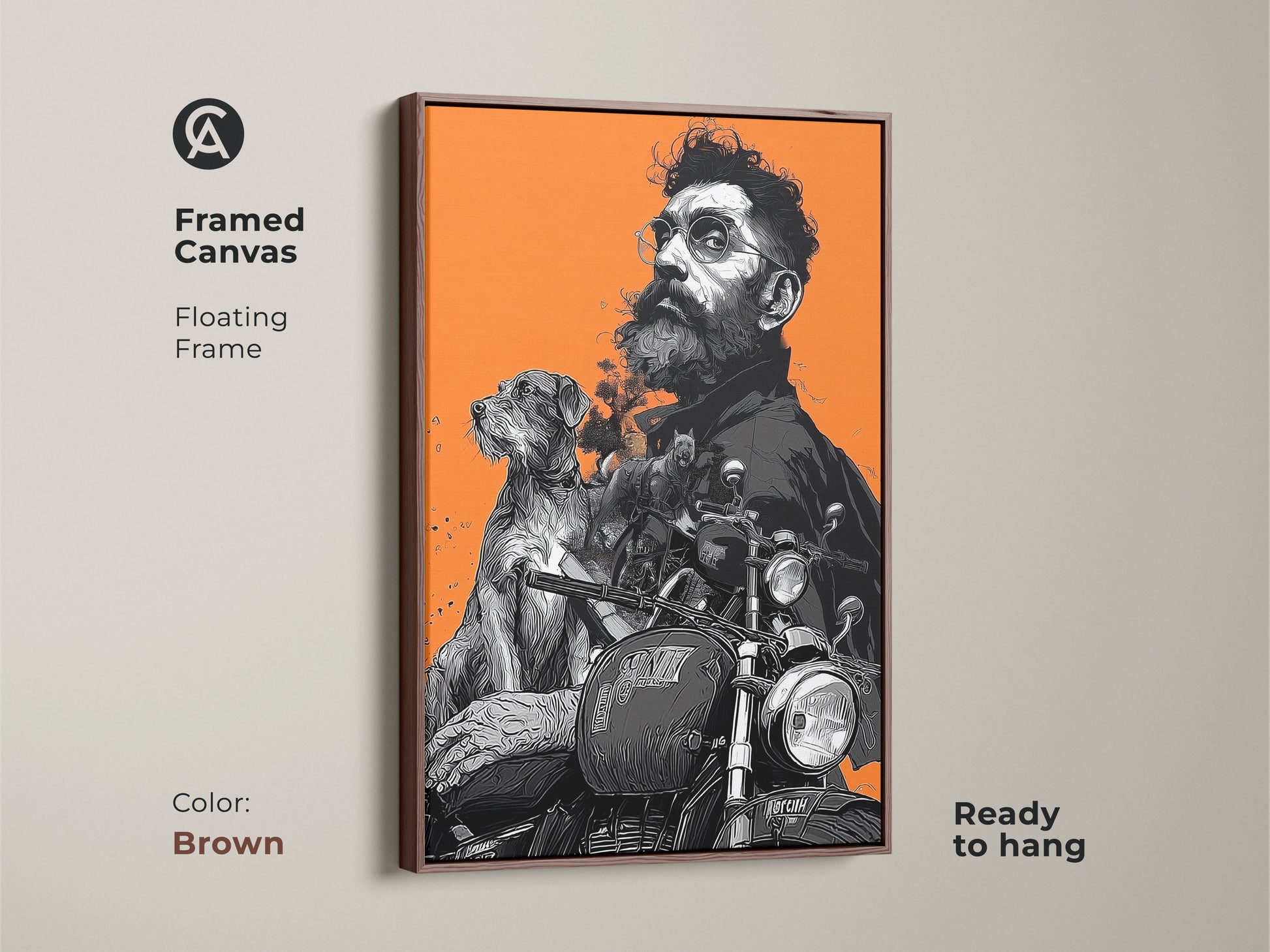 Framed canvas featuring a man and his dog on a motorcycle with a warm brown floating frame. This ready to hang wall art is perfect for those who love biker themes. Ideal for adding an eclectic look to any room showcases a vintage vibe.