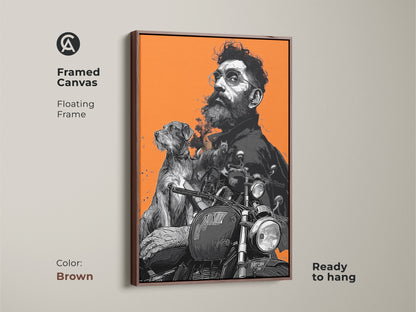 Framed canvas featuring a man and his dog on a motorcycle with a warm brown floating frame. This ready to hang wall art is perfect for those who love biker themes. Ideal for adding an eclectic look to any room showcases a vintage vibe.