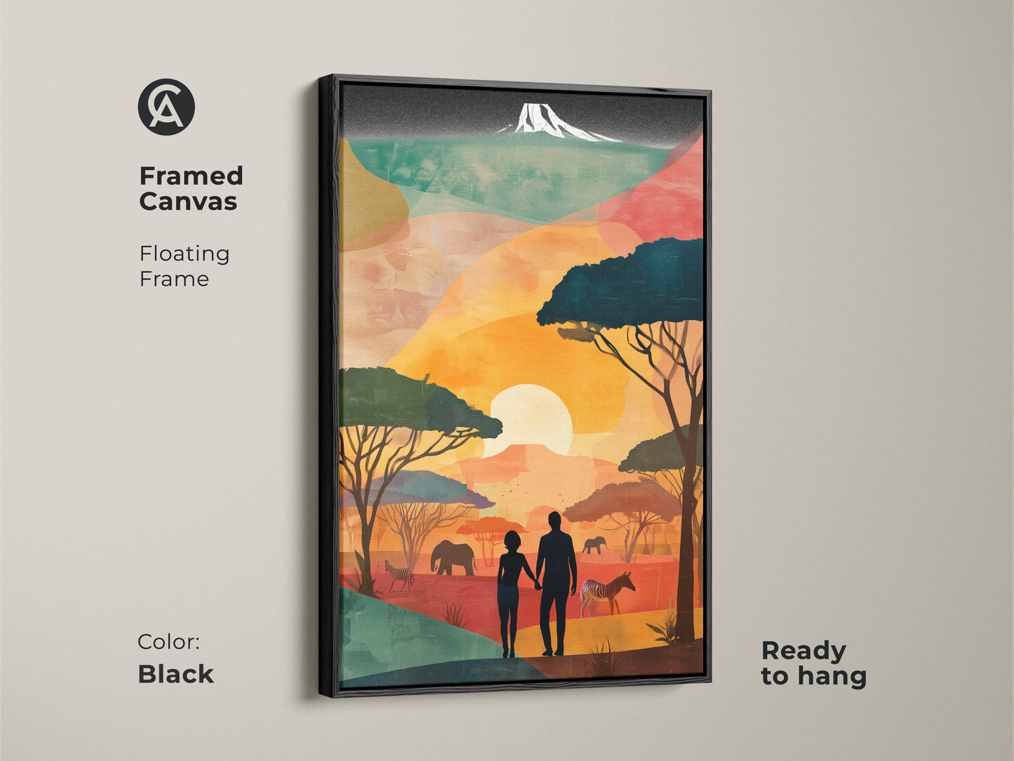 Framed in sleek black this canvas art showcases a retro African landscape. The boho art features a couple silhouette with savanna wildlife. Elephants zebras & trees add depth. It's ready to hang. Making it perfect for adding warmth and adventure to any room. It is a travel anniversary gift.
