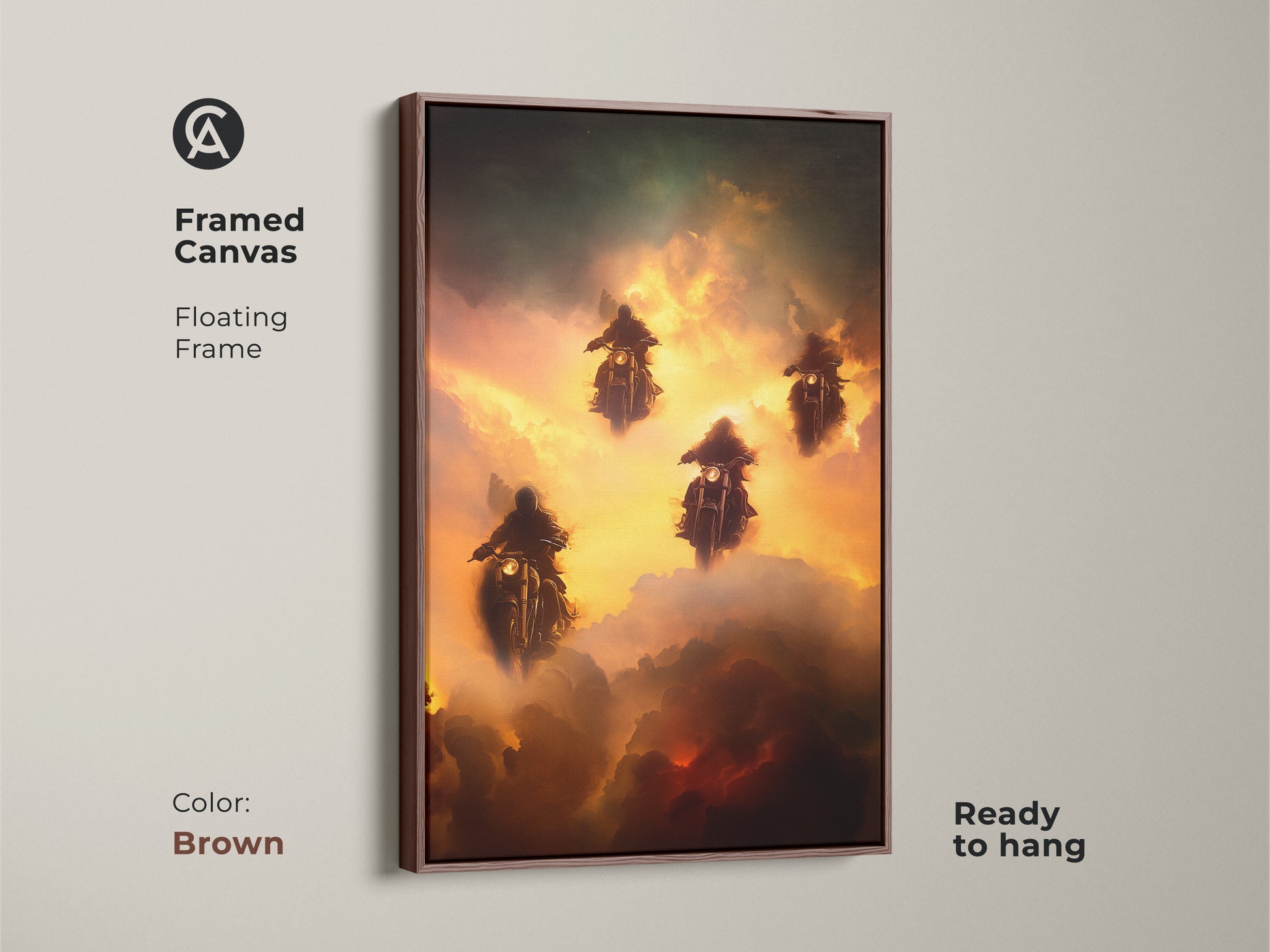 Add a touch of fantasy with this framed canvas print. This artwork shows surreal motorcycle riders in gold green and orange clouds. The brown floating frame enhances its dramatic appeal. Ready to hang it's perfect for biker man caves and unique art collectors.