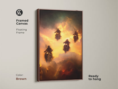 Add a touch of fantasy with this framed canvas print. This artwork shows surreal motorcycle riders in gold green and orange clouds. The brown floating frame enhances its dramatic appeal. Ready to hang it's perfect for biker man caves and unique art collectors.