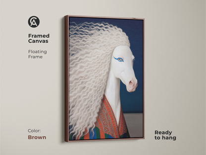 Framed canvas of a surreal white horse art print with a brown floating frame ready to hang. The eclectic horse wall art features blue and orange accents. This fantasy unicorn canvas art makes for unique bedroom art.
