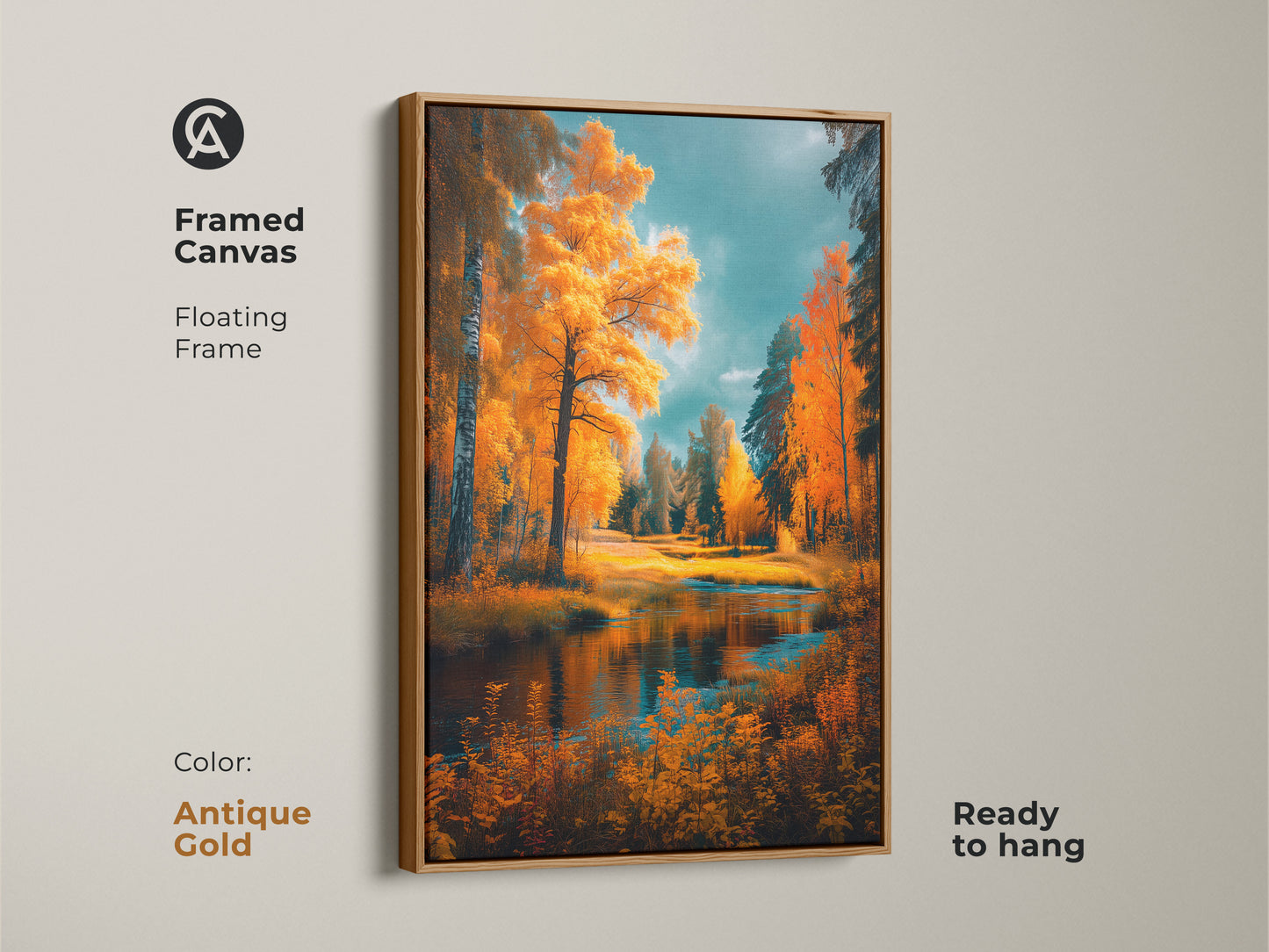 Framed canvas art highlighting a beautiful autumn landscape. The antique gold floating frame adds a touch of elegance to the golden foliage and calm lake. Ready to hang this artwork enhances any room. Explore our collection of framed art prints.