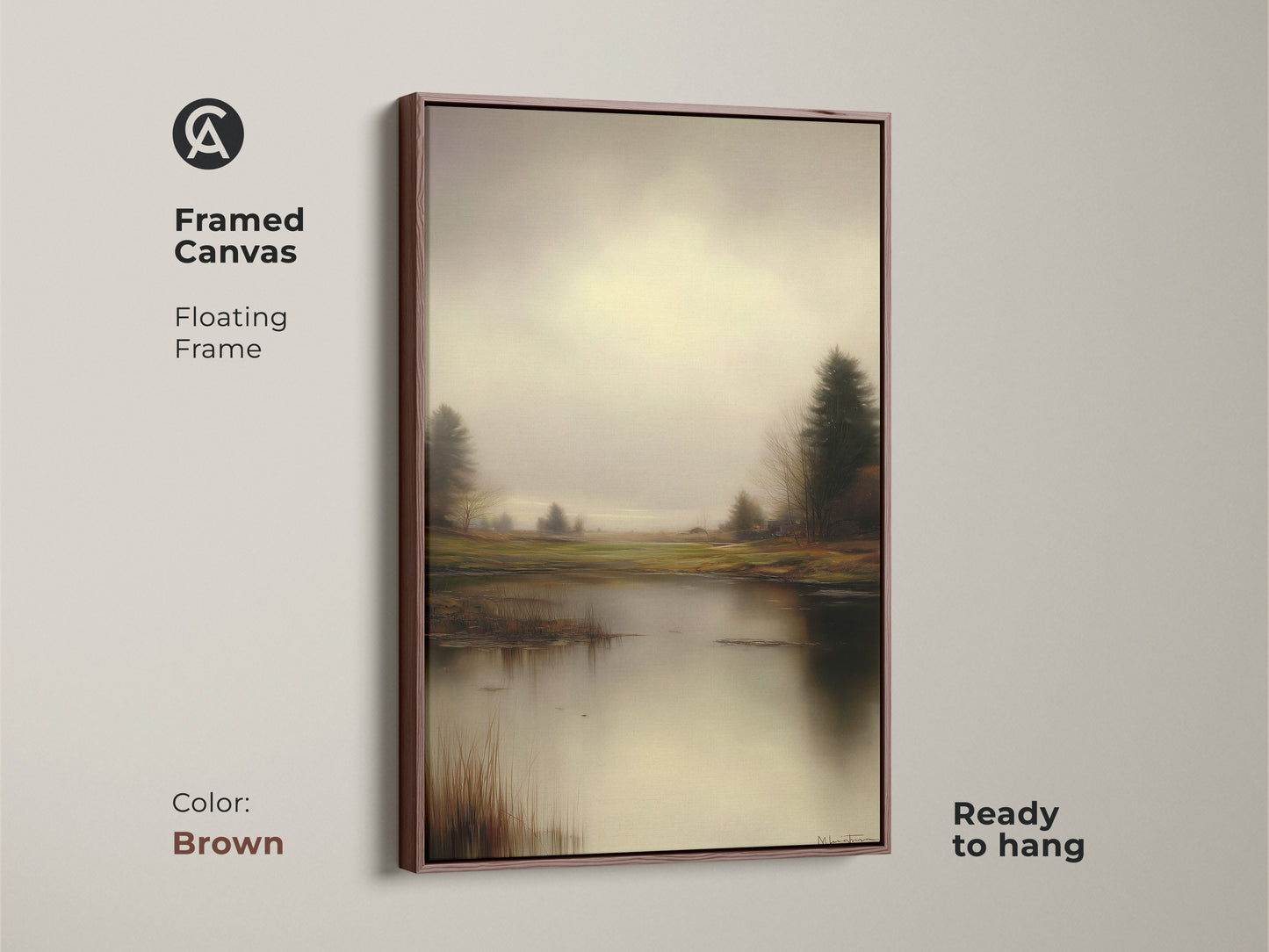 Framed canvas in brown showcases a peaceful water scene. The floating frame complements the muted colors. This fall landscape canvas art is ready to hang. Great calm nature wall art.