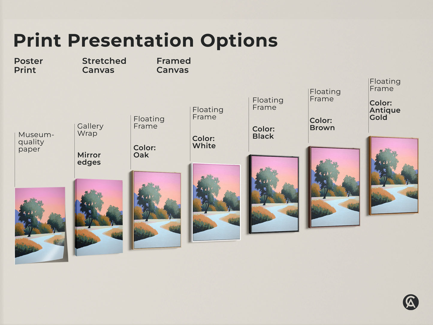 Print presentation options poster print. Stretched canvas and framed canvas versions are available. Choose from museum-quality paper or gallery wrap. Frame colors include white black brown oak and antique gold for a stylish look.