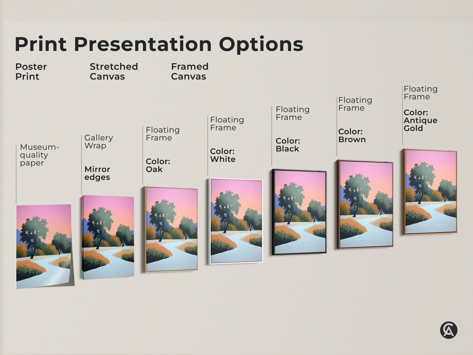 Print presentation options poster print. Stretched canvas and framed canvas versions are available. Choose from museum-quality paper or gallery wrap. Frame colors include white black brown oak and antique gold for a stylish look.