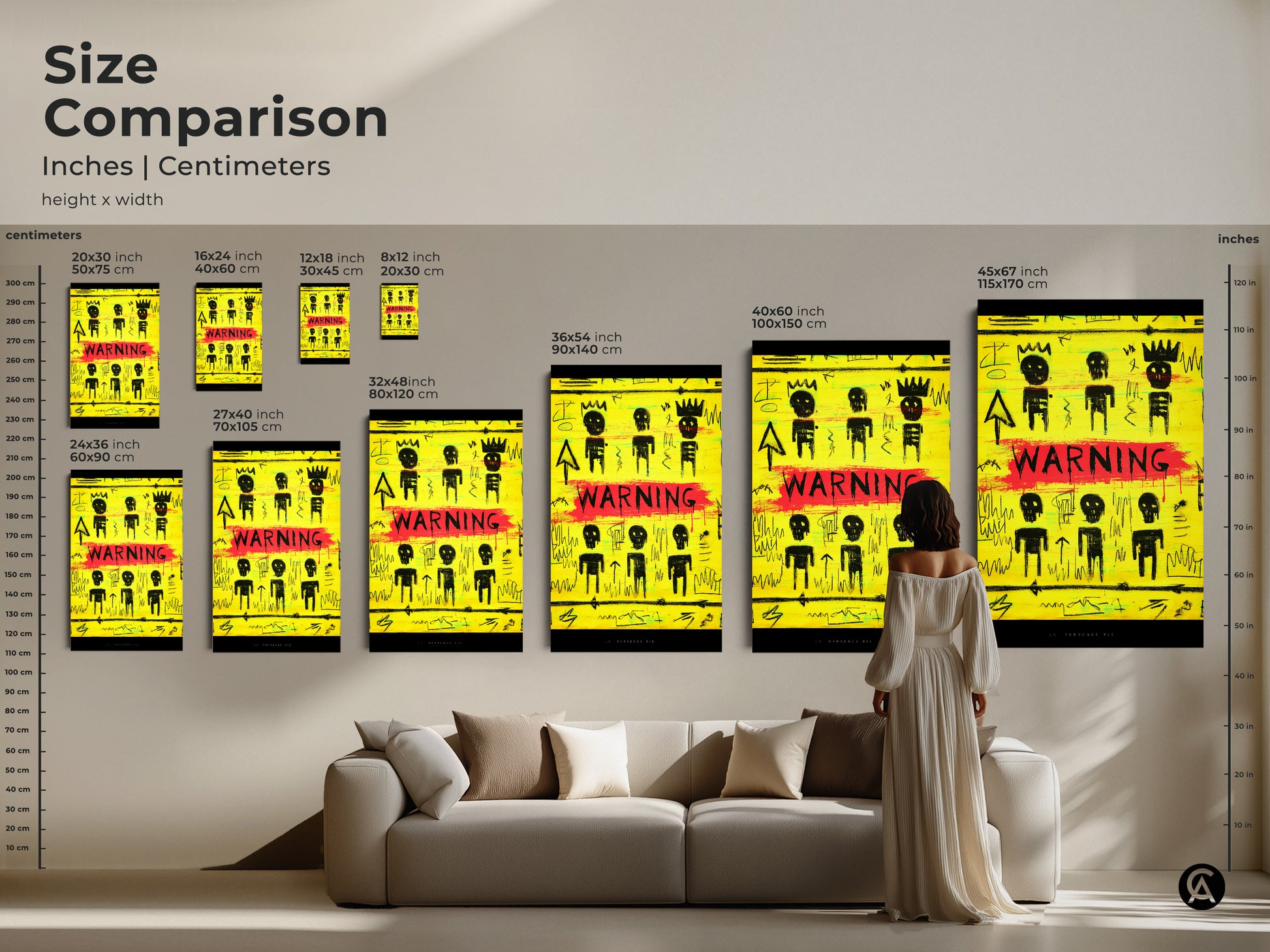 Size comparison of yellow and black graffiti artwork. See the neo-expressionism canvas in various sizes. From 20x30 cm to 45x67 inch. Visualize the art in a living room setting. Find the perfect scale for your abstract street art print. Enhance your eclectic home decor.