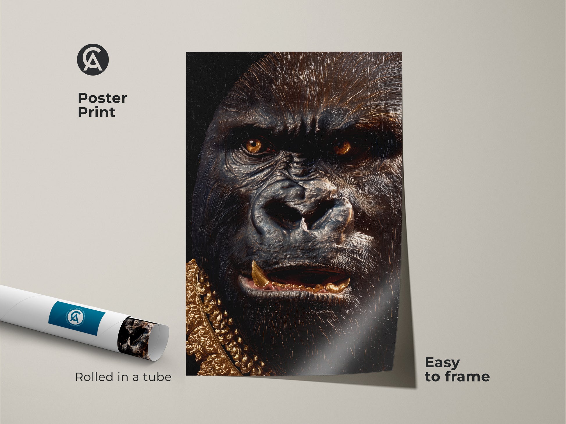 Poster Print of a gorilla with a gold chain. Rolled in a tube and easy to frame. This museum-quality paper will look great in your home. Shop animal art poster prints.