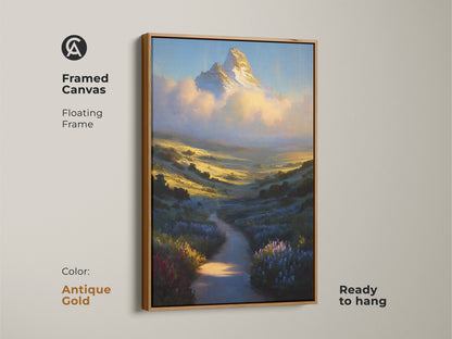 Framed canvas artwork features a mountain peak in an antique gold floating frame. Ready to hang this golden yellow landscape print is perfect. Sky blue wildflowers add rustic nature decor to any room. Get yours today.