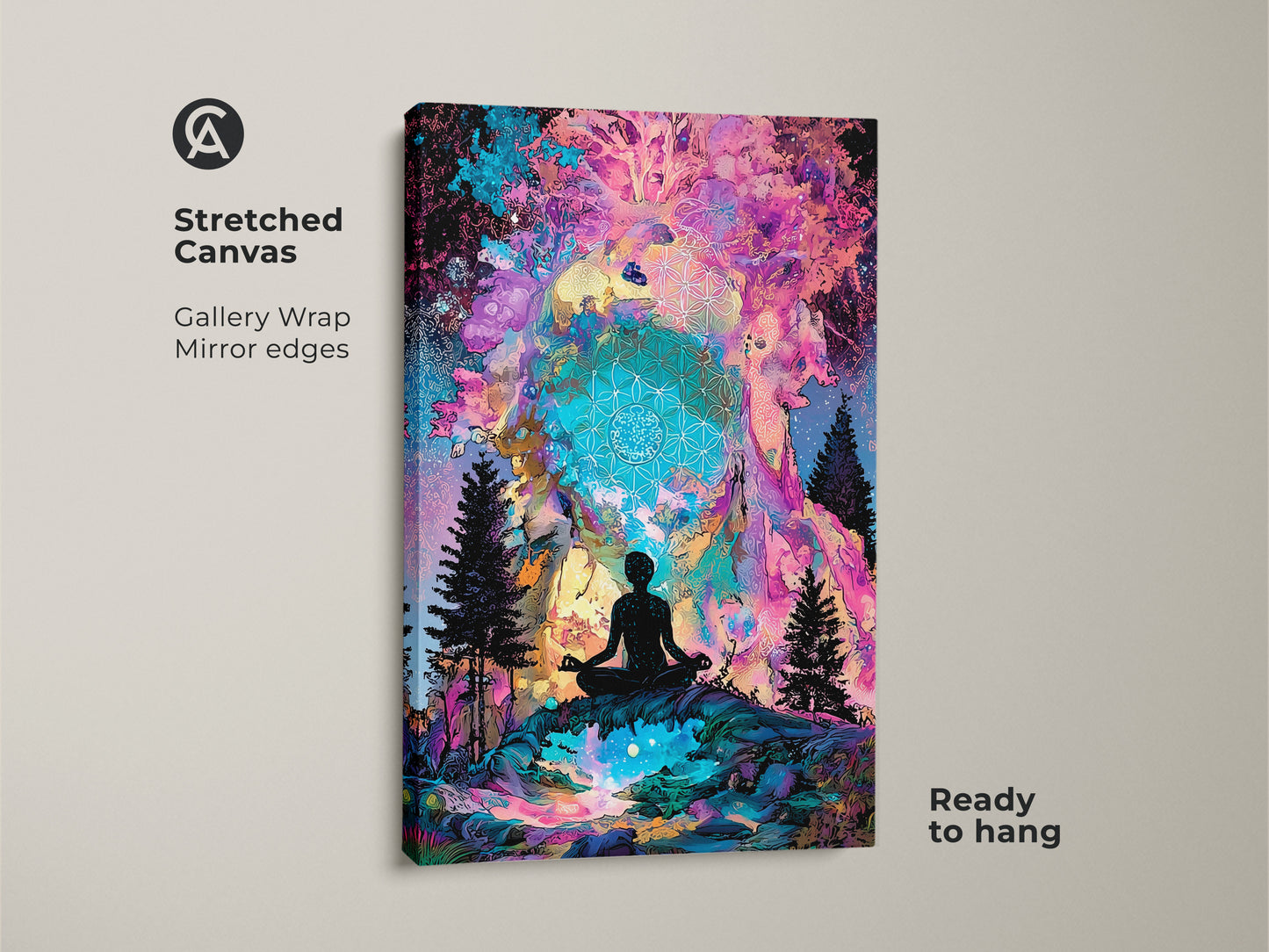 A stretched canvas features spiritual artwork. The art shows a meditating figure in nature. A tree of life bursts with color. The gallery wrap is ready to hang. It adds a touch of zen to any space.