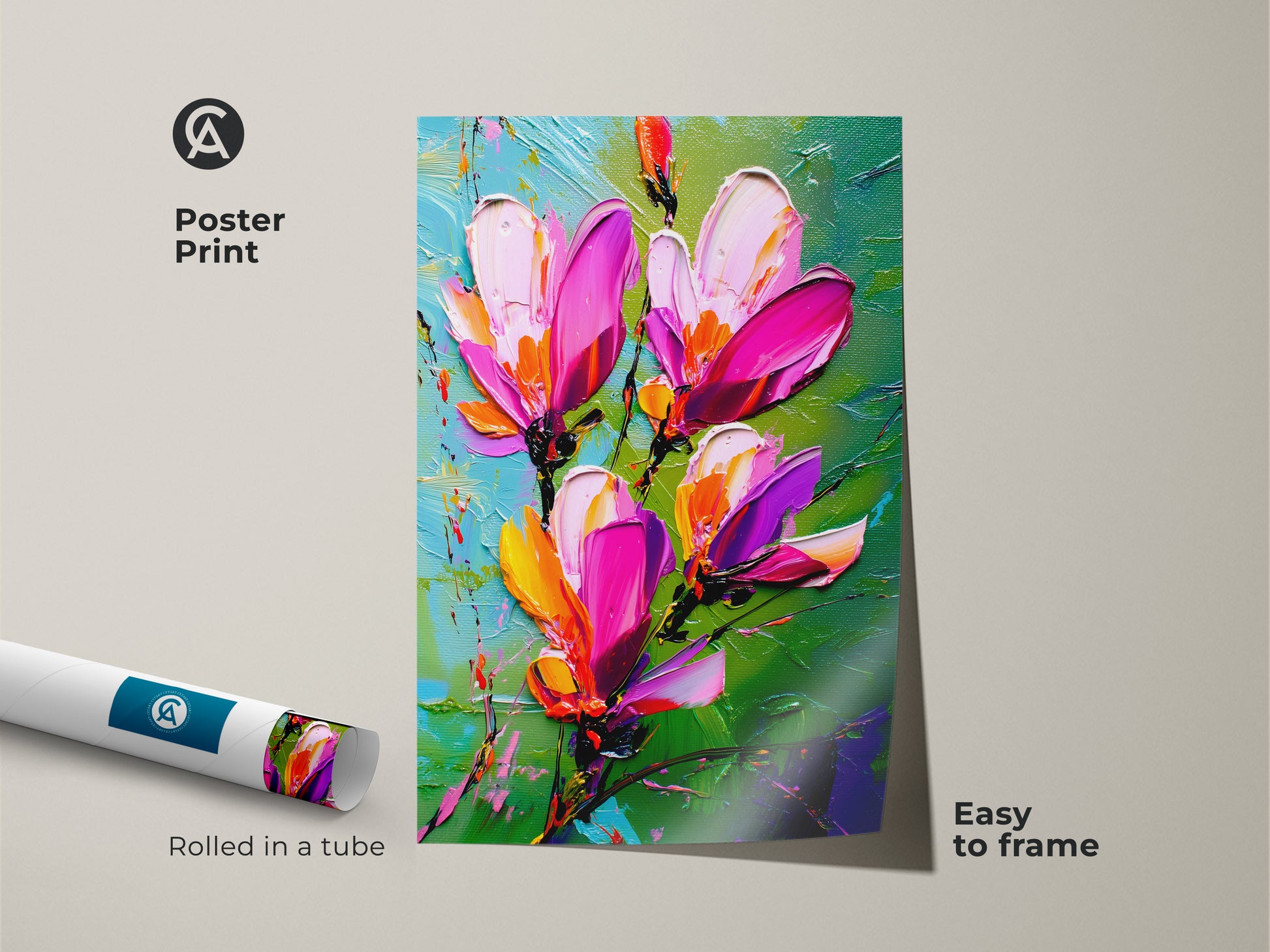 Poster print displays textured floral art with pink and magenta flowers. The botanical artwork is rolled in a tube making it easy to frame. Impressionist floral artwork adds a touch of nature to any space. Ideal for plant lovers seeking vibrant wall decor.