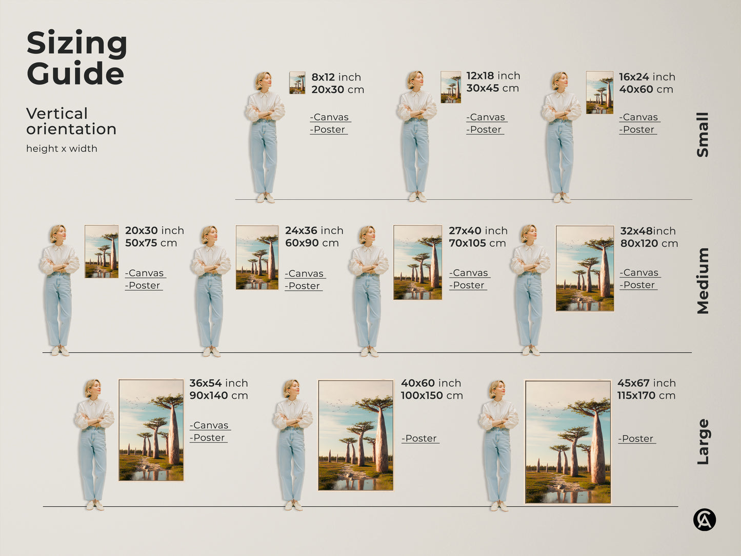 Sizing guide for vertical orientation art prints. Available in small medium and large sizes as canvas or poster prints. It features the baobab tree artwork and savanna landscape artwork. Perfect for any room.