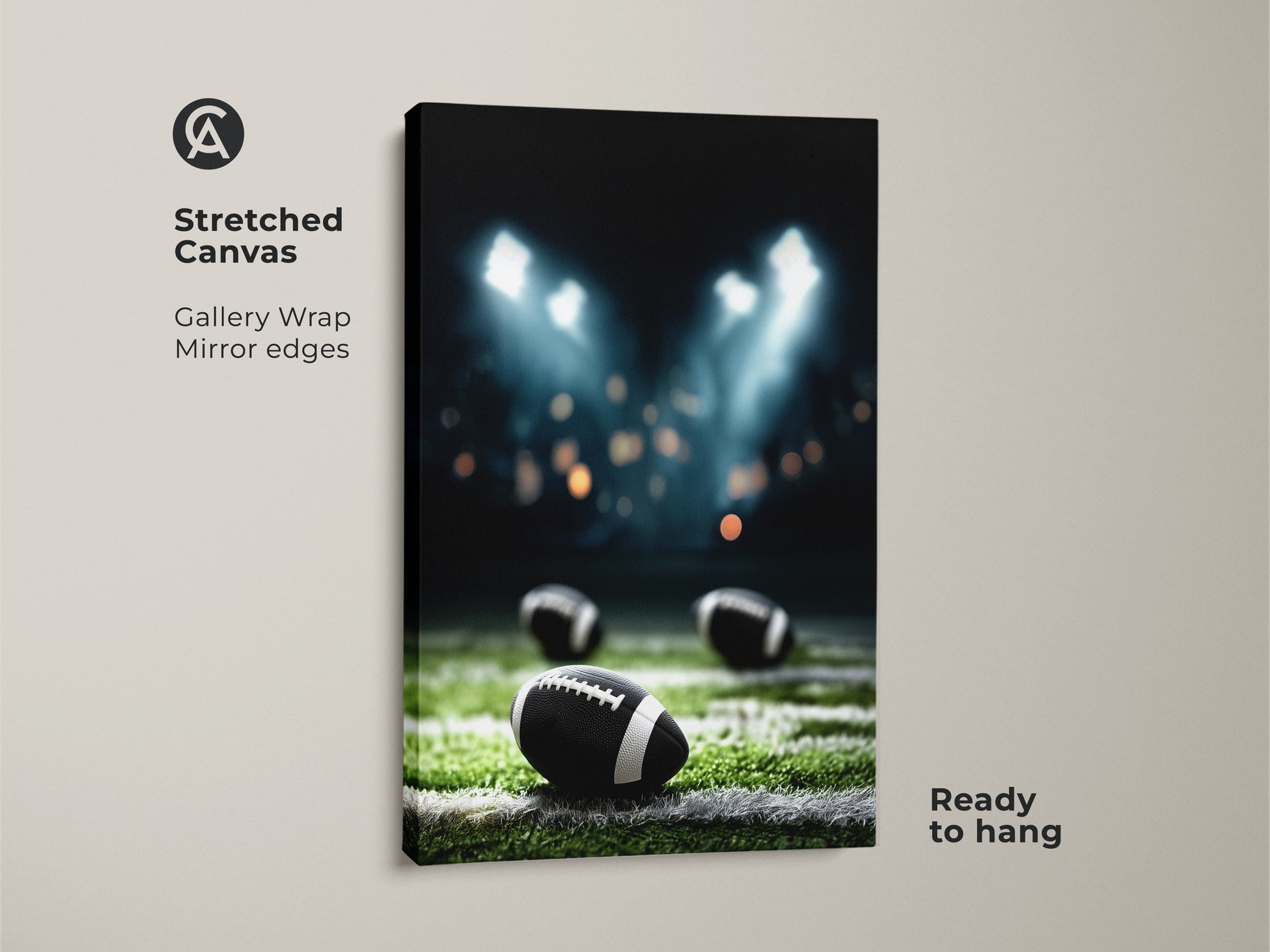 Stretched Canvas of American Football night game art. The gallery wrap and mirror edges enhance the realistic stadium lights print. Perfect man cave sports decor and a great gift for football fans. Ready to hang and adds an athletic touch to your home. This canvas brings the game day atmosphere to any room.