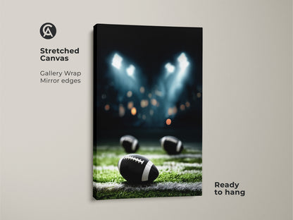 Stretched Canvas of American Football night game art. The gallery wrap and mirror edges enhance the realistic stadium lights print. Perfect man cave sports decor and a great gift for football fans. Ready to hang and adds an athletic touch to your home. This canvas brings the game day atmosphere to any room.