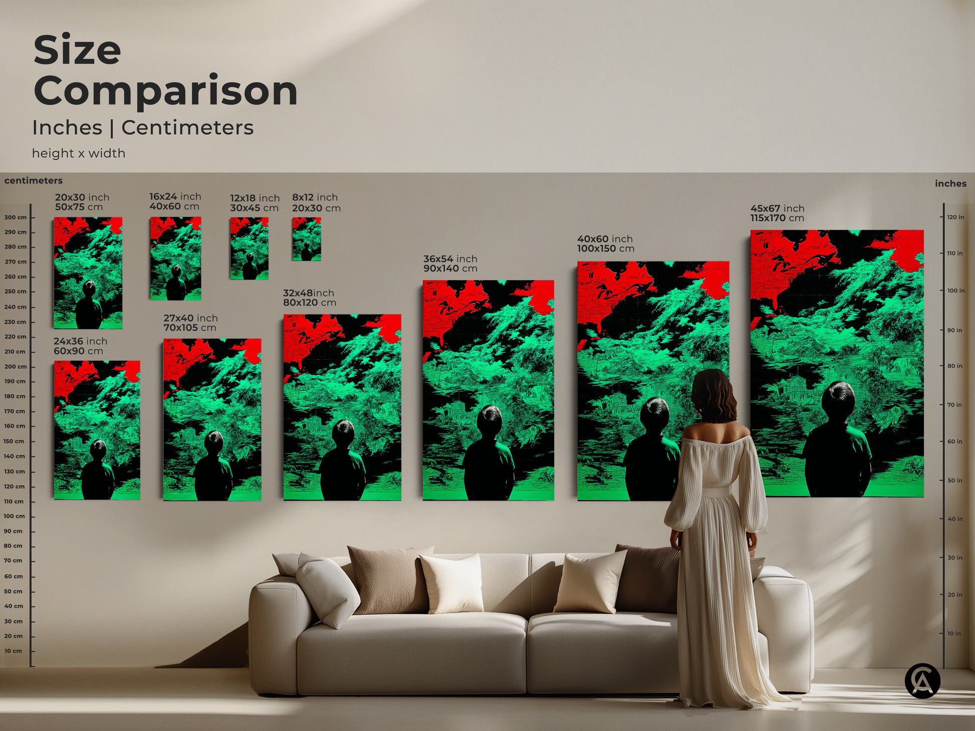 Size comparison of surreal abstract map wall art in inches and centimeters. This artwork features a child silhouette and a red and green glitch art style. Visualize how different sizes of this conceptual figurative art will look above your sofa. The modern surrealist painting is perfect for any home.