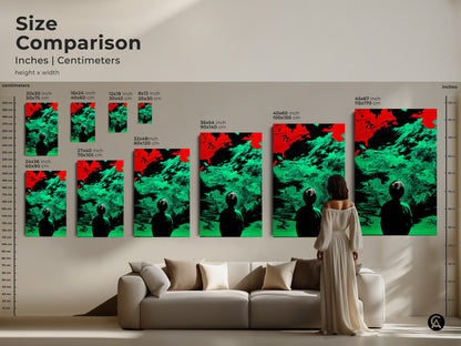 Size comparison of surreal abstract map wall art in inches and centimeters. This artwork features a child silhouette and a red and green glitch art style. Visualize how different sizes of this conceptual figurative art will look above your sofa. The modern surrealist painting is perfect for any home.